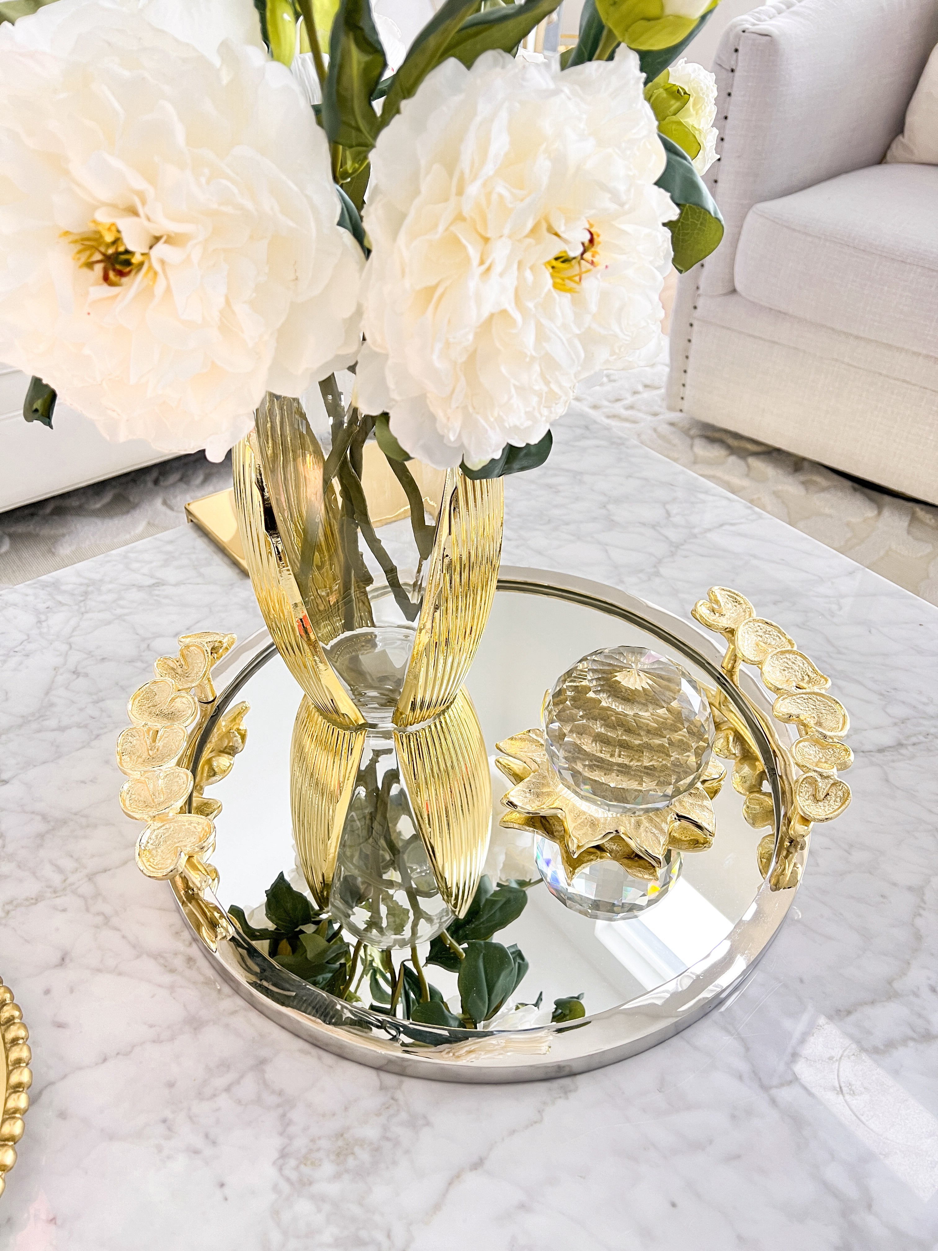 Silver Gold Leaf Handle Tray with Mirror Top