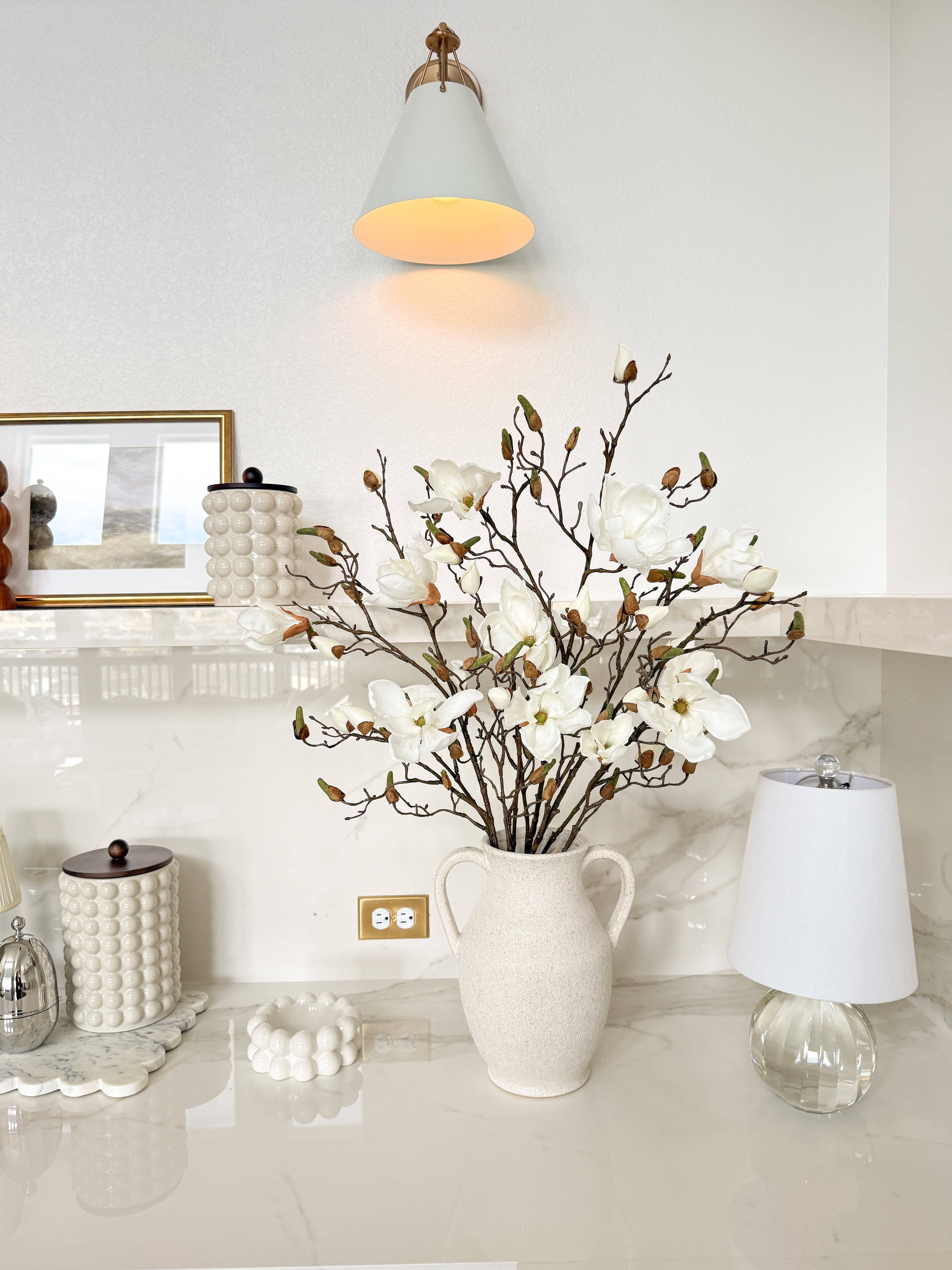 Faux White Magnolia Branch Stem