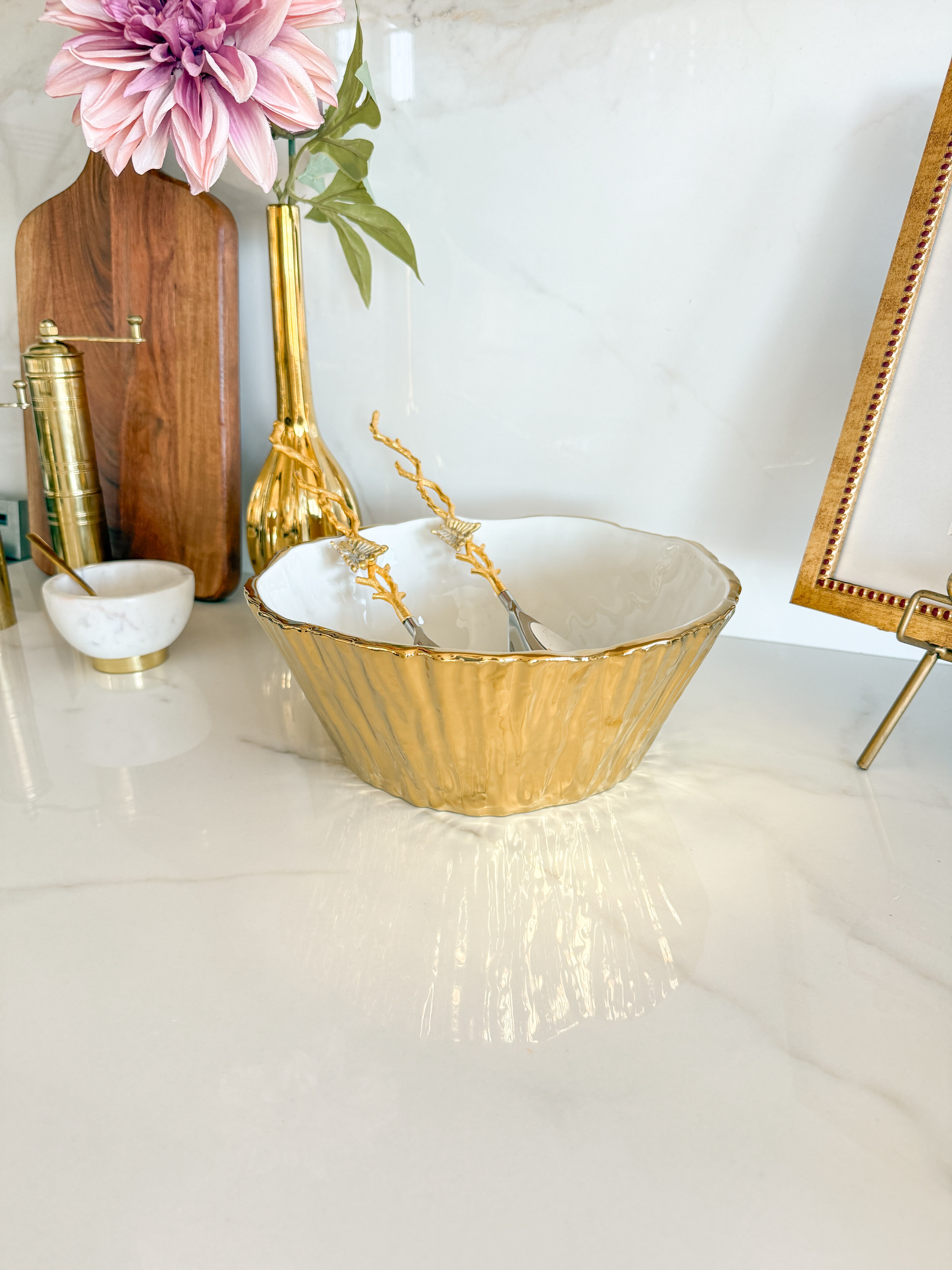 White and Gold Bark Textured Salad Bowl