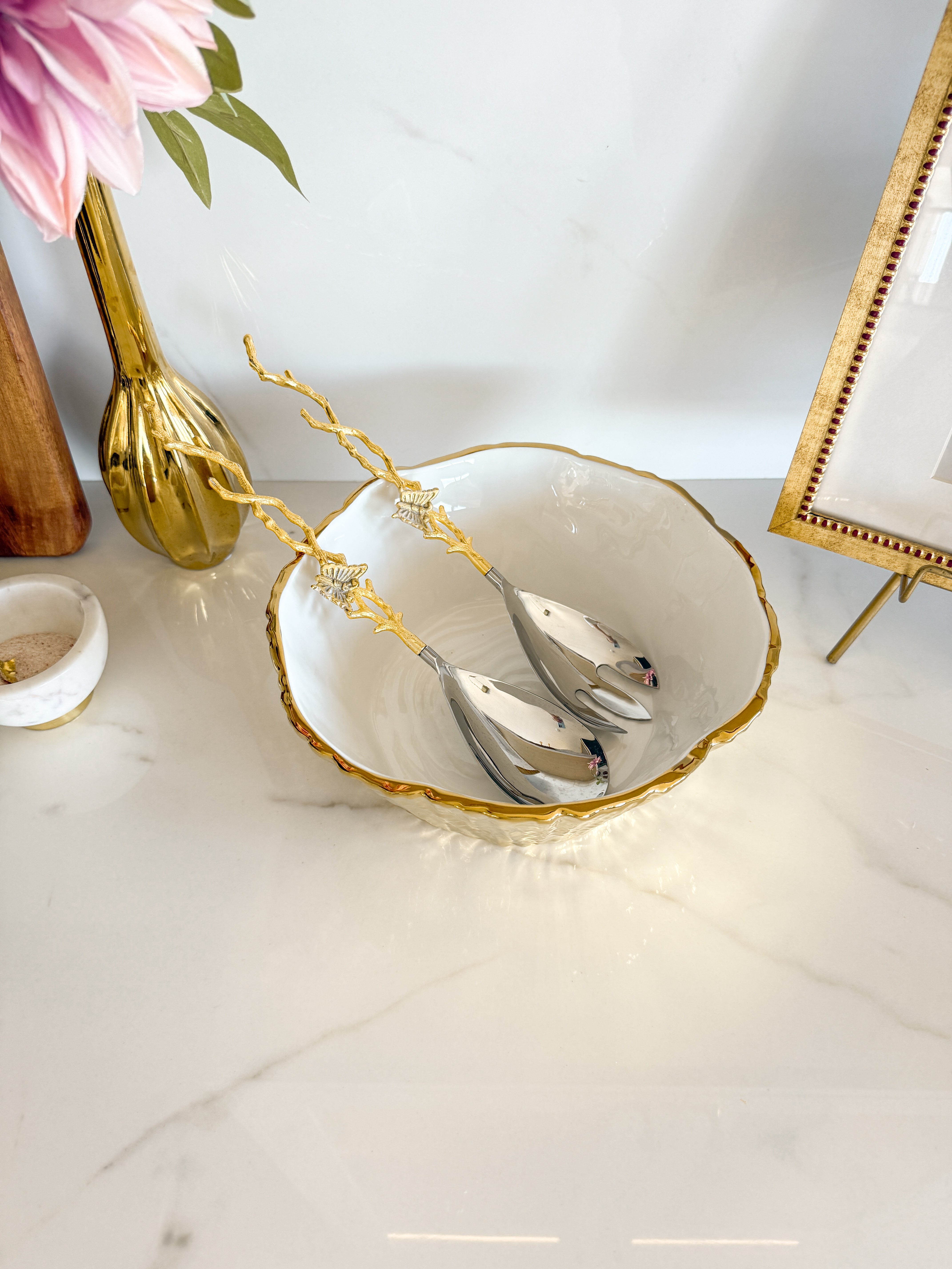 White and Gold Bark Textured Salad Bowl