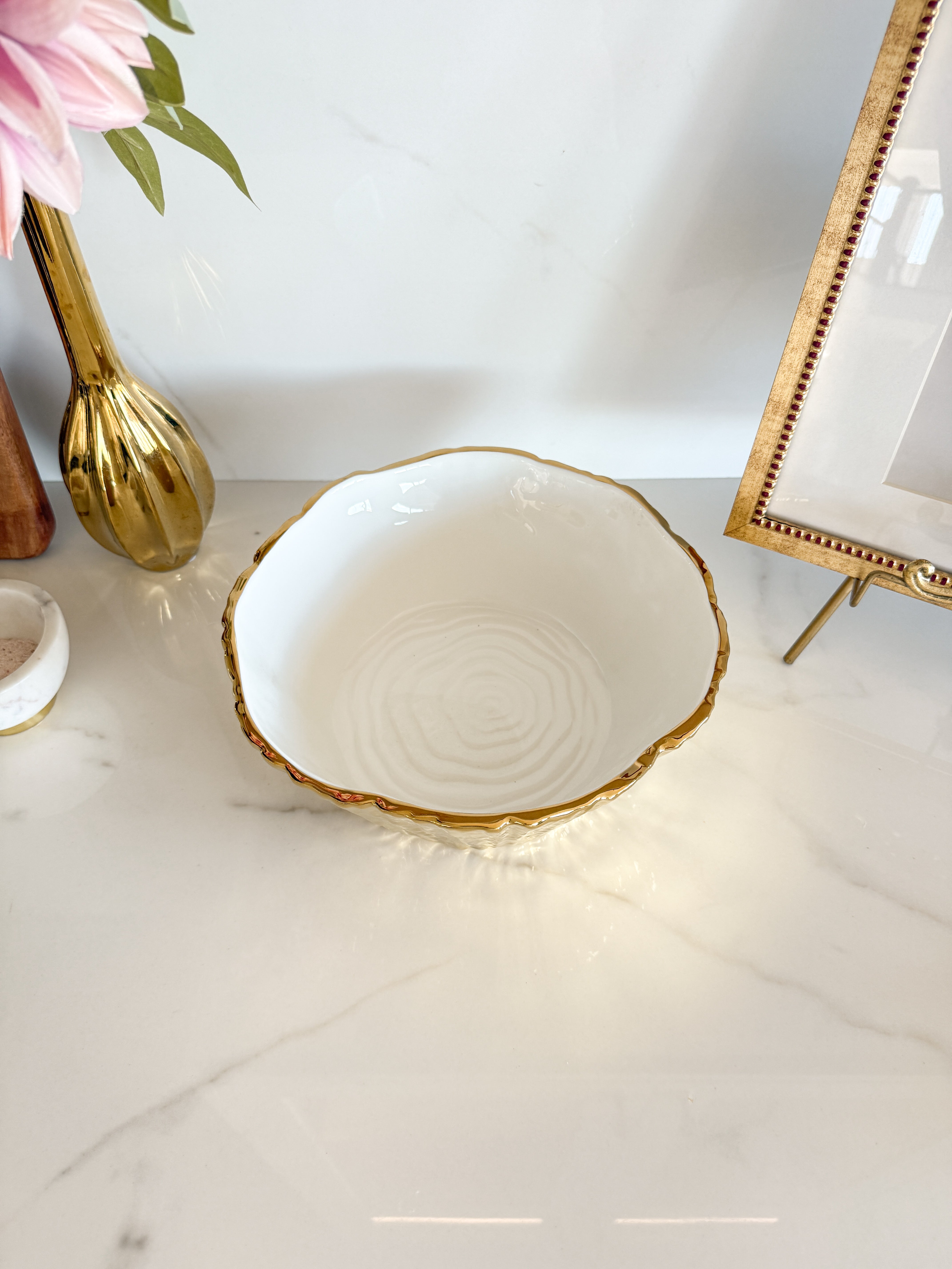 White and Gold Bark Textured Salad Bowl