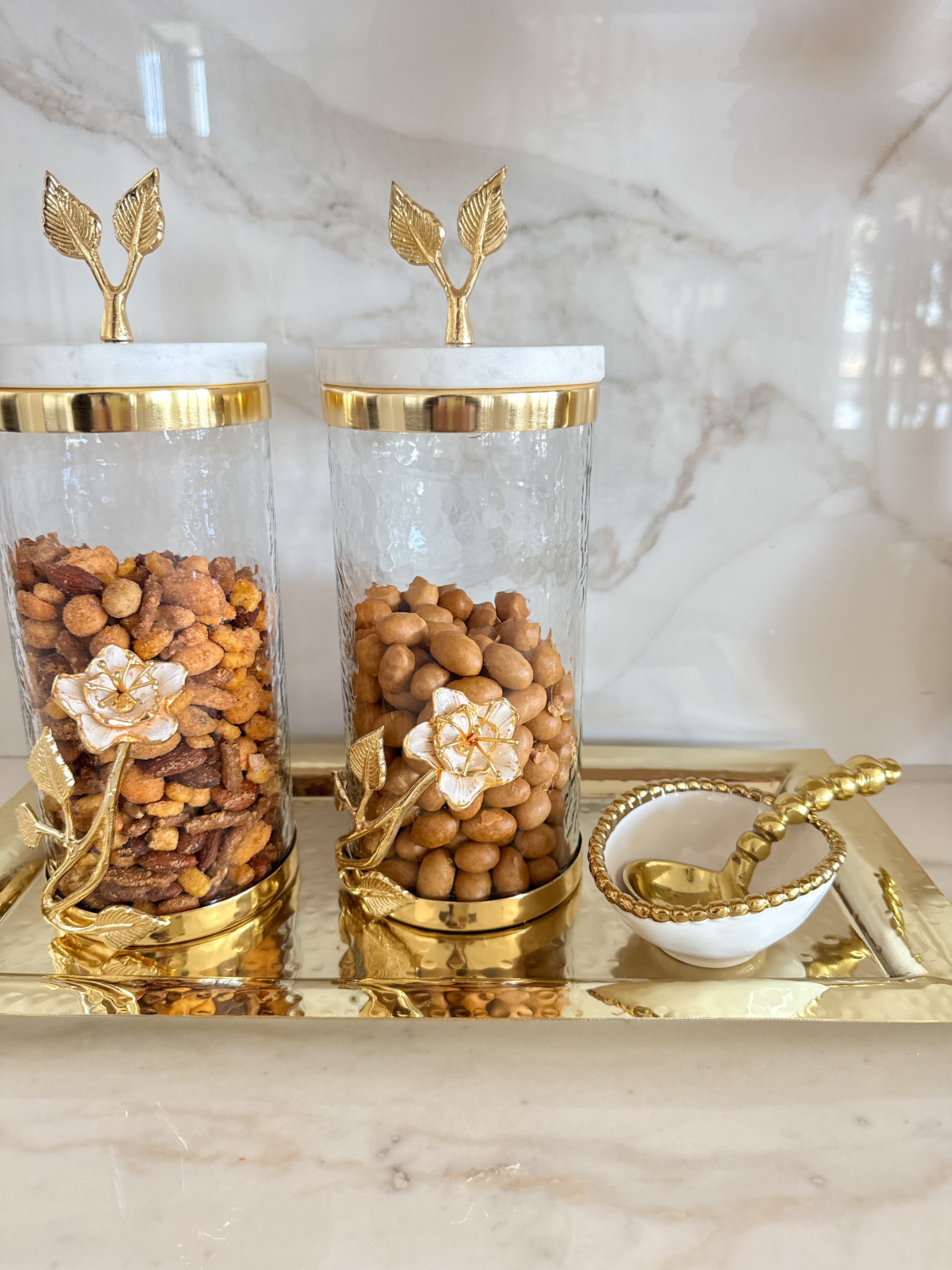 Marble Gold Lilly Flower with Leaf Canister