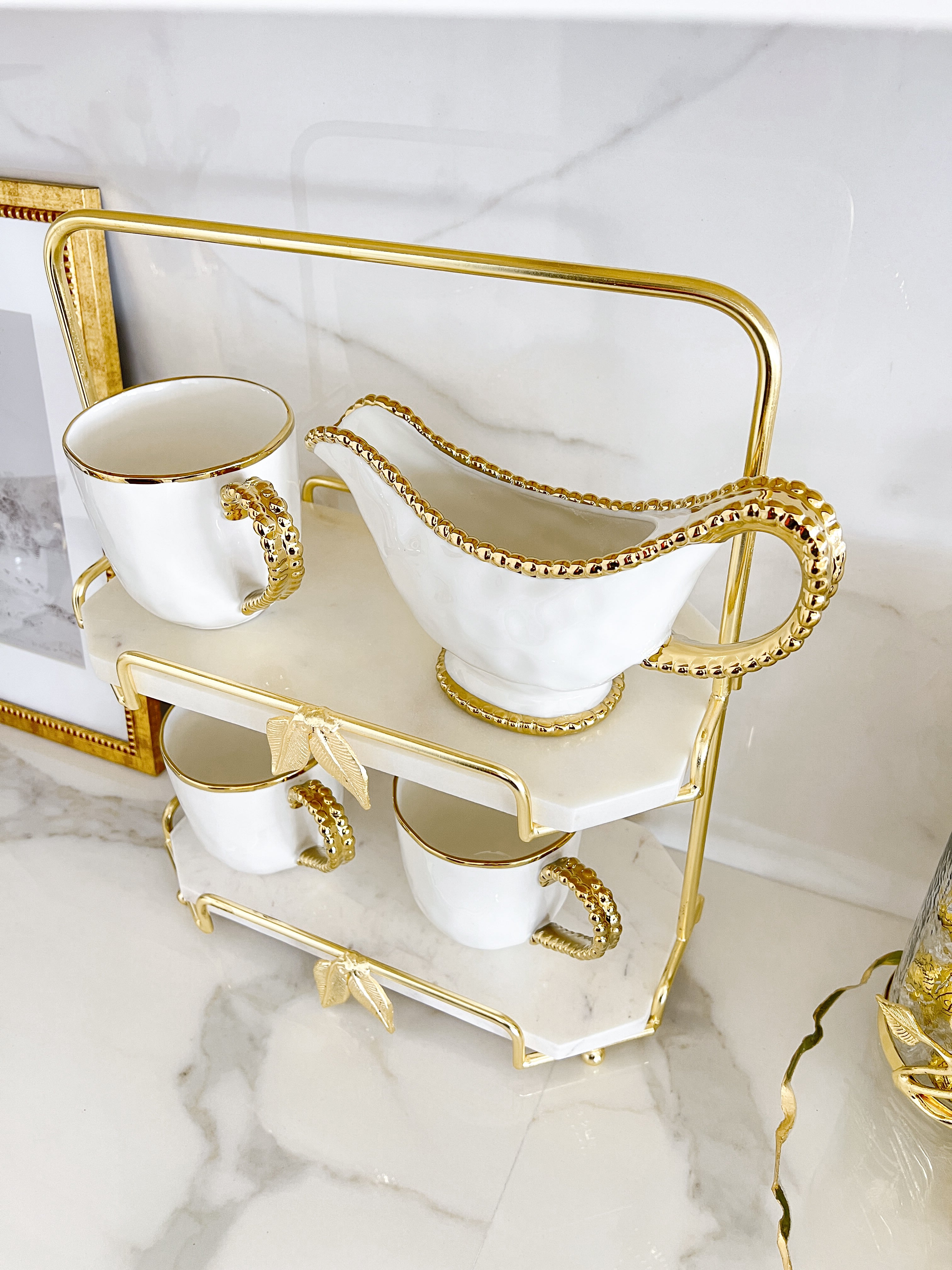White and Gold Beaded Pitcher/ Gravy Boat