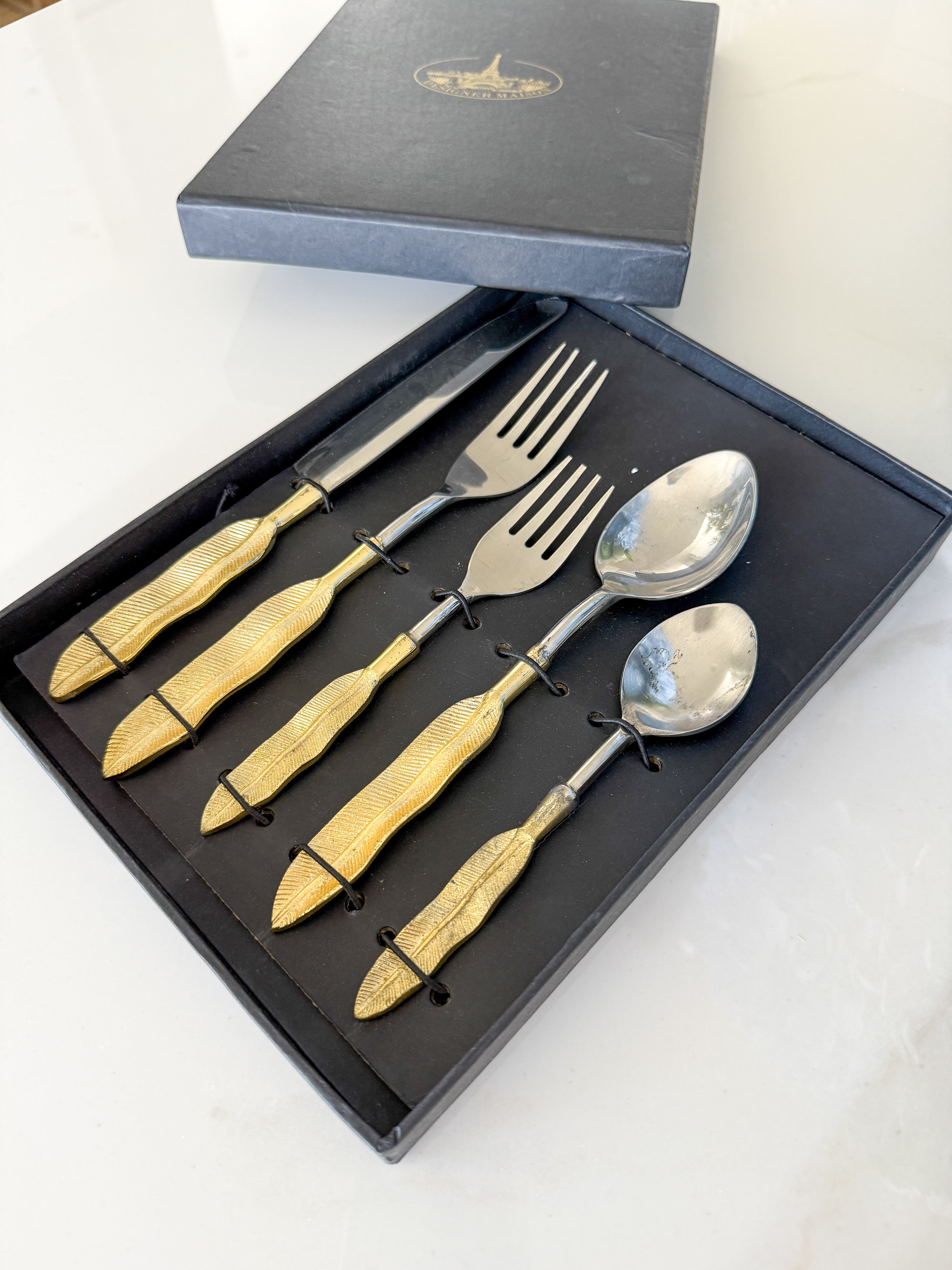 Gold Feather Cutlery Flatware Set 5-Pcs