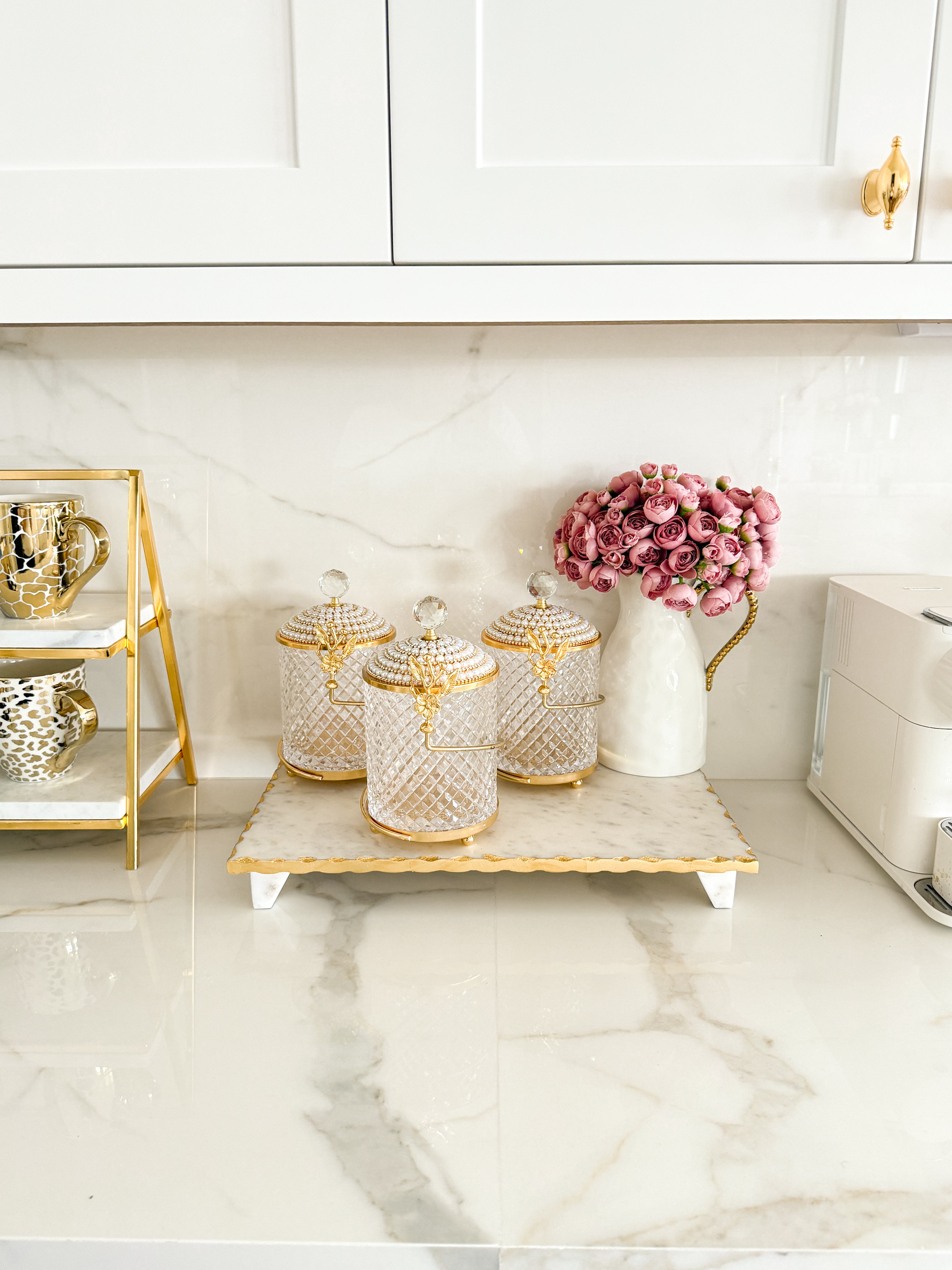Gold Jeweled Footed Leaf Canister with Crystal Knob (Set of 3)