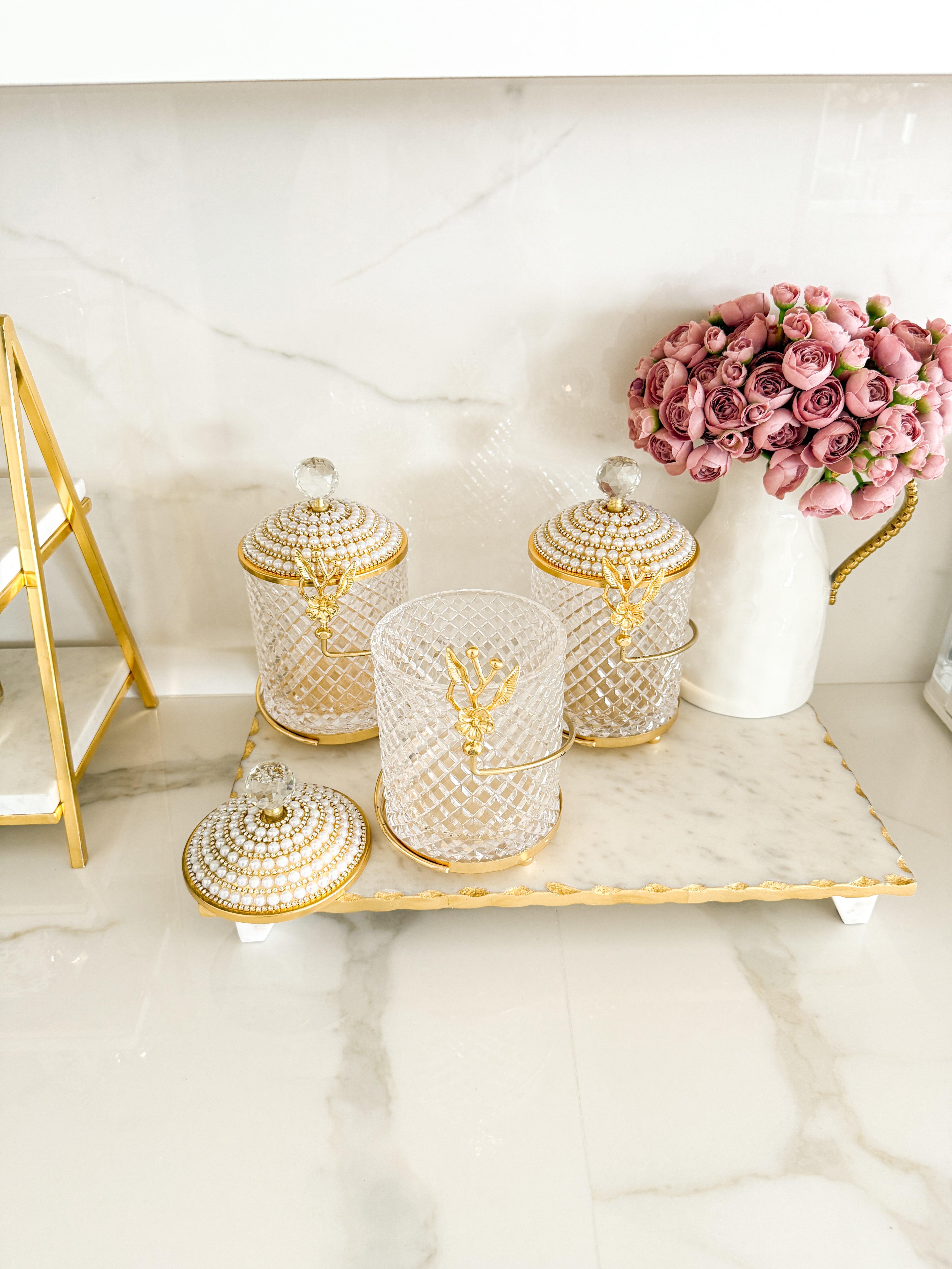 Gold Jeweled Footed Leaf Canister with Crystal Knob (Set of 3)