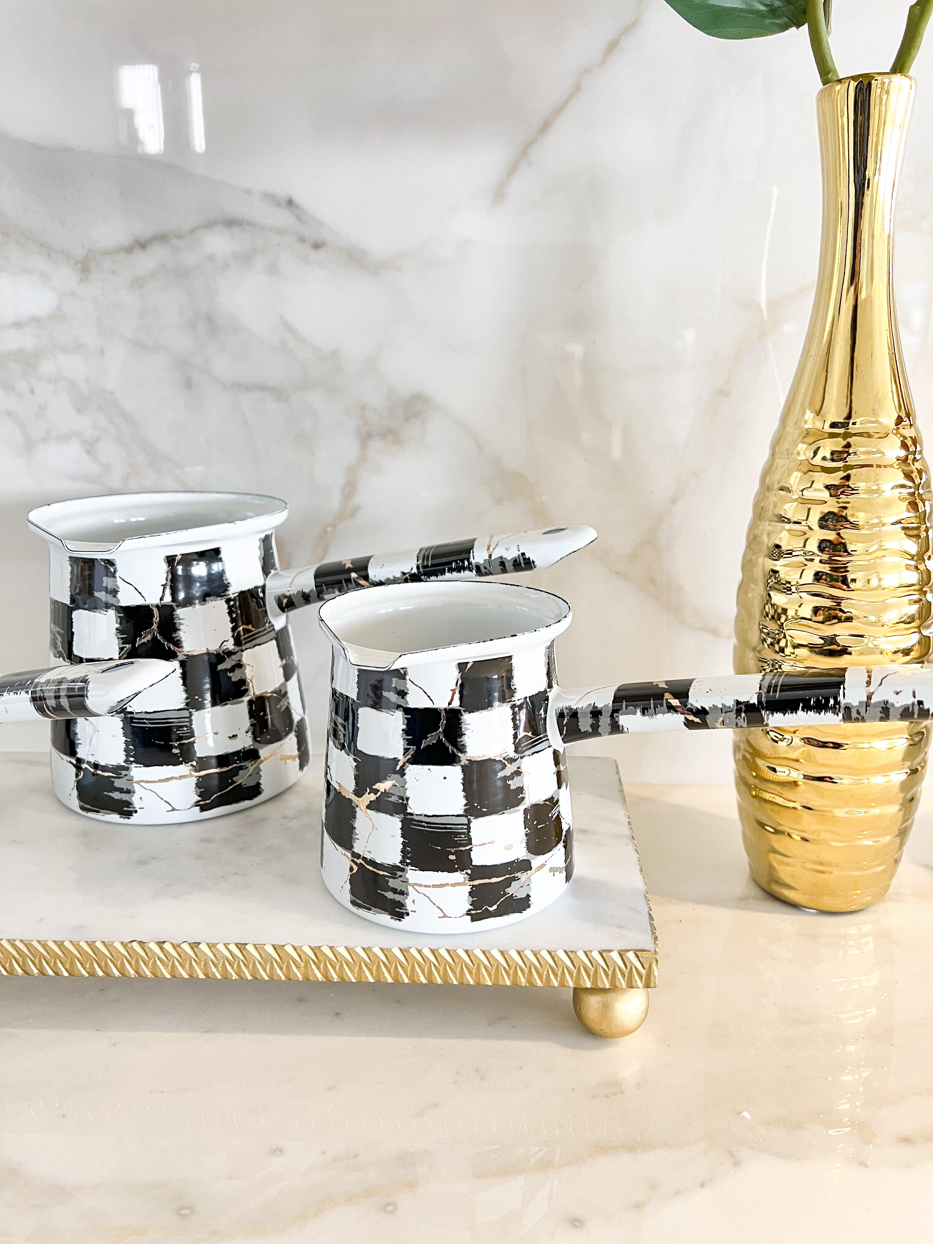 Checkered with Gold Vein Coffee Pot/ Milk Warmer (Set of 3)