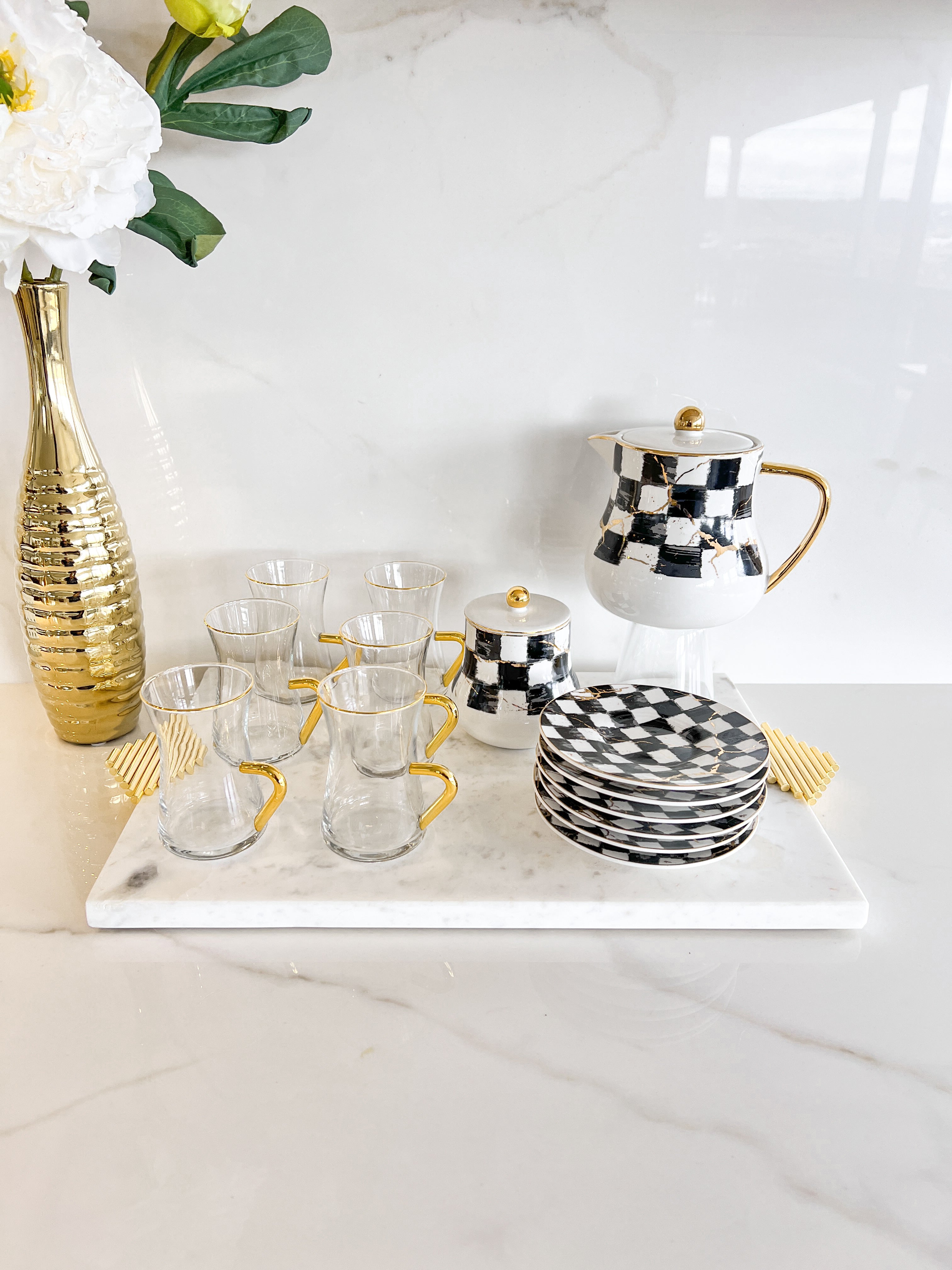Checkered Glass Tea Set (14 Pcs)