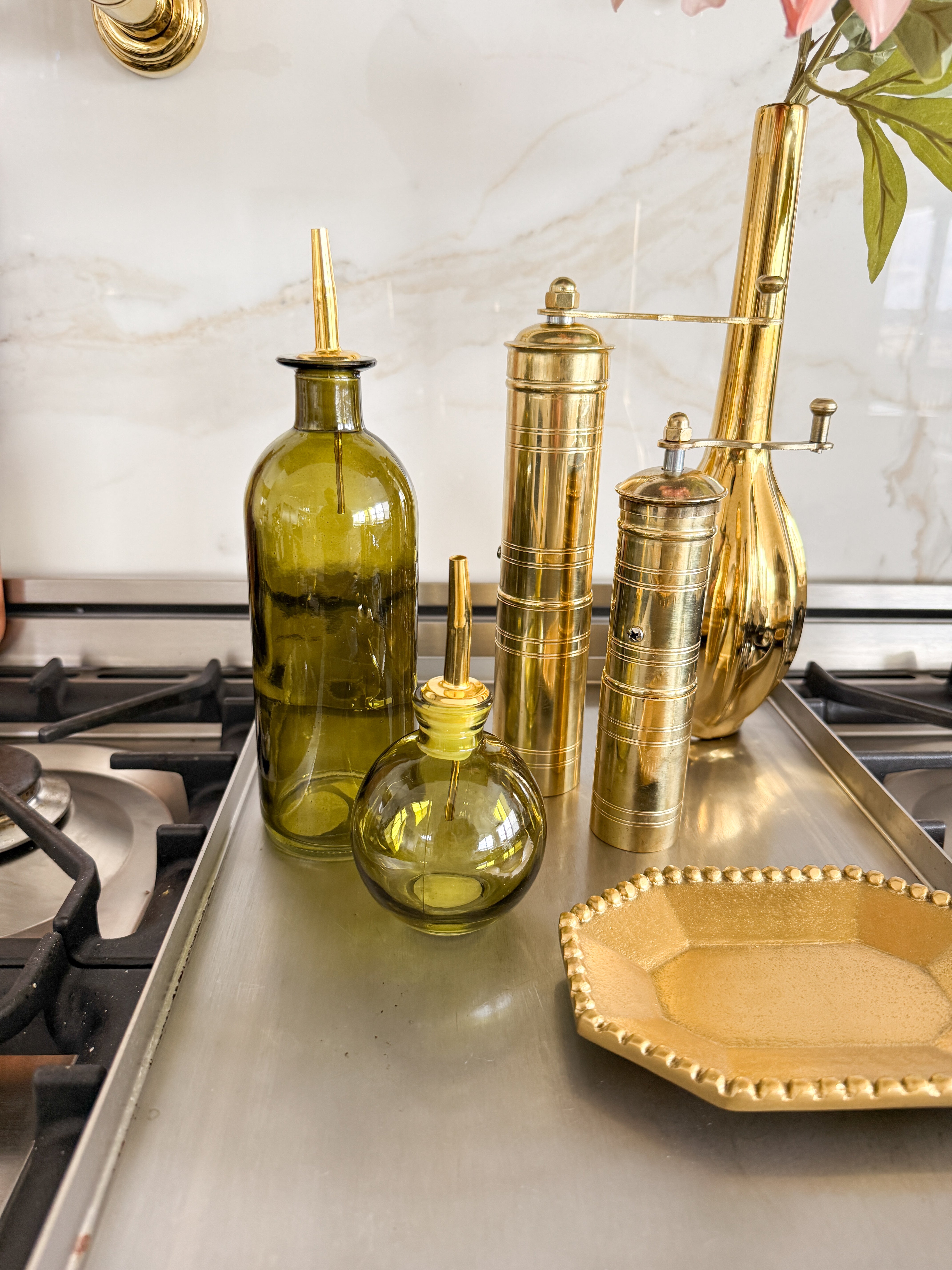 Olive Green Glass Oil Cruet with Gold Stopper (Set of 2)