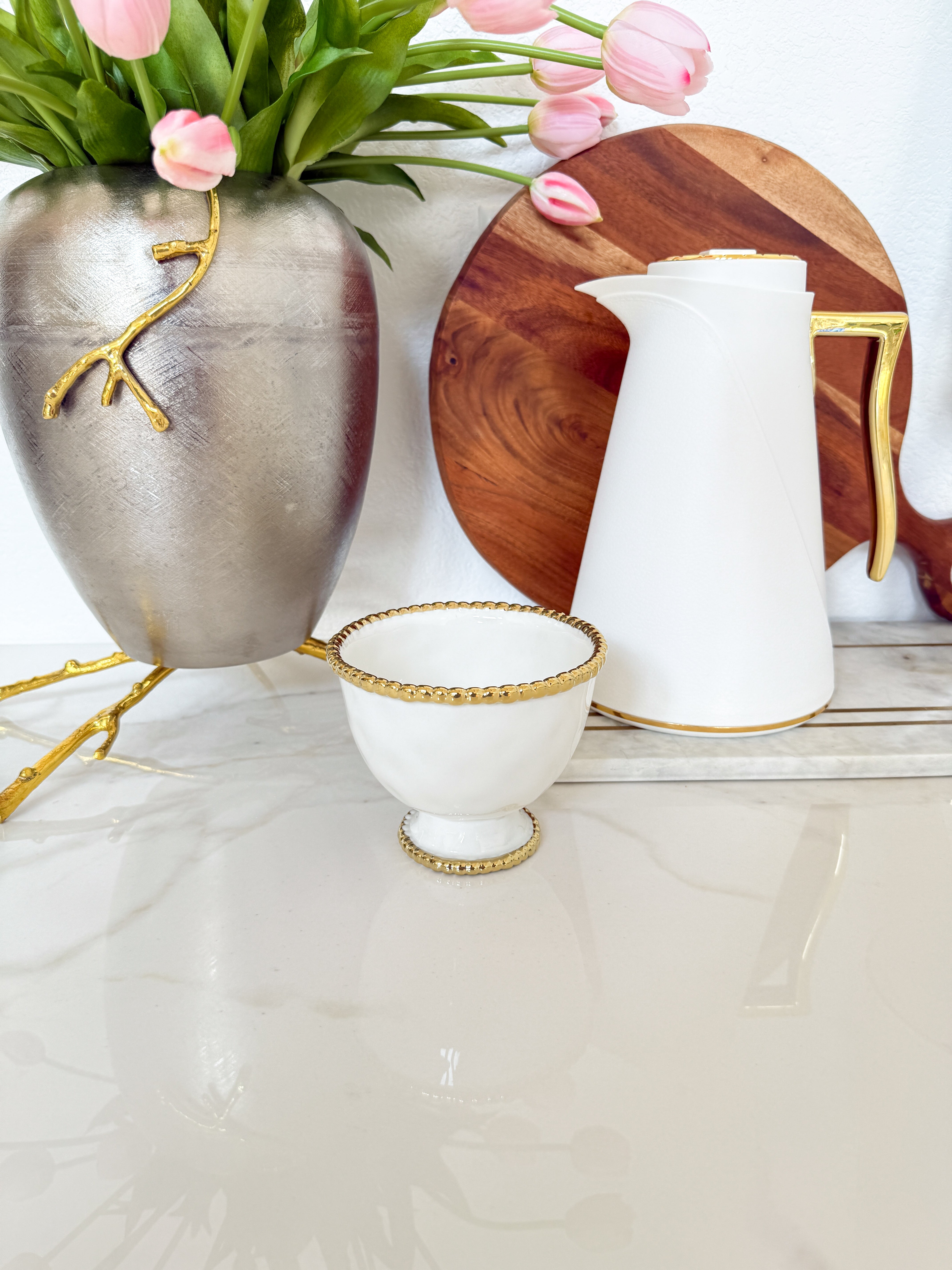 White and Gold Beaded Footed Bowl