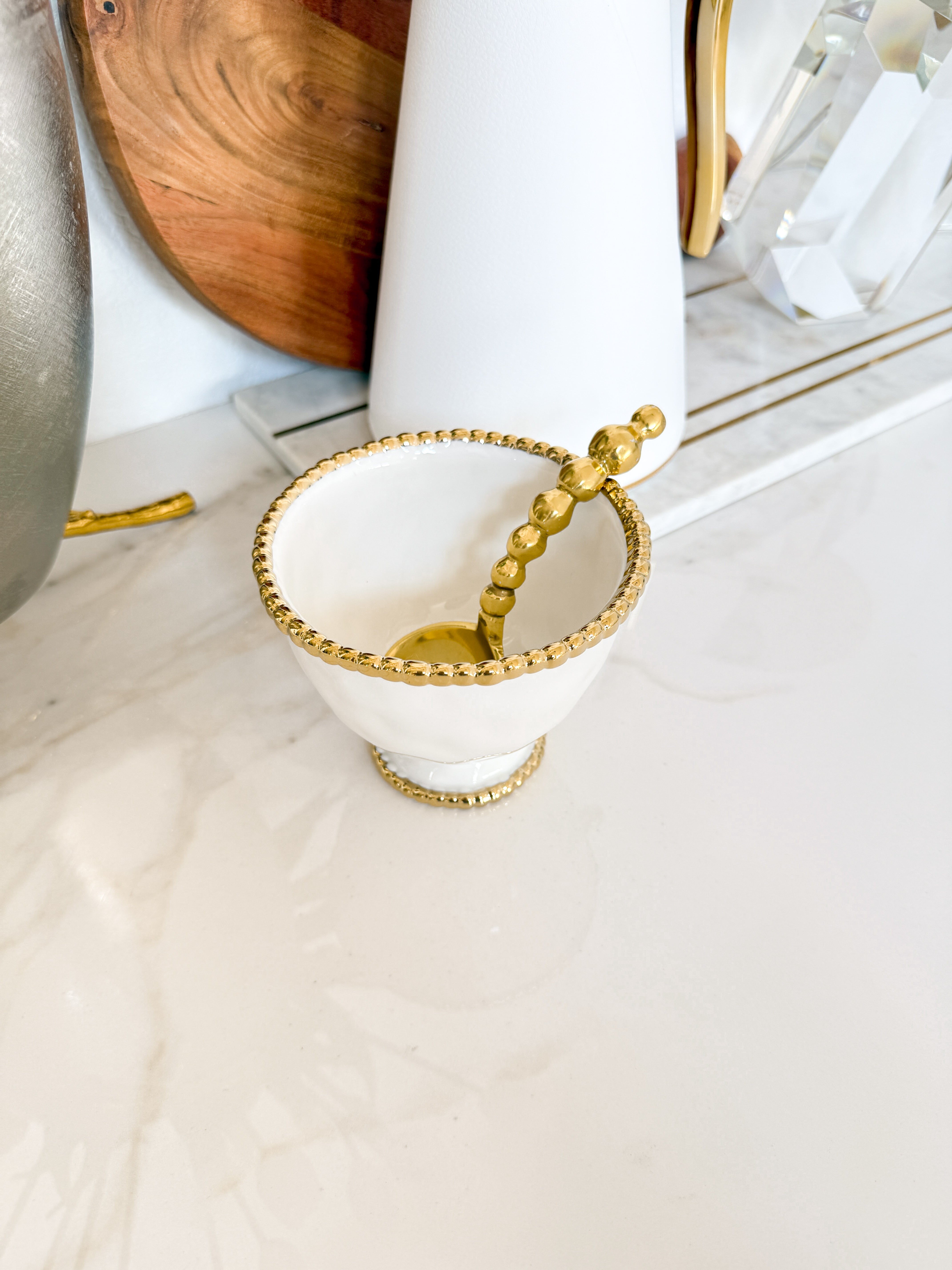 White and Gold Beaded Footed Bowl
