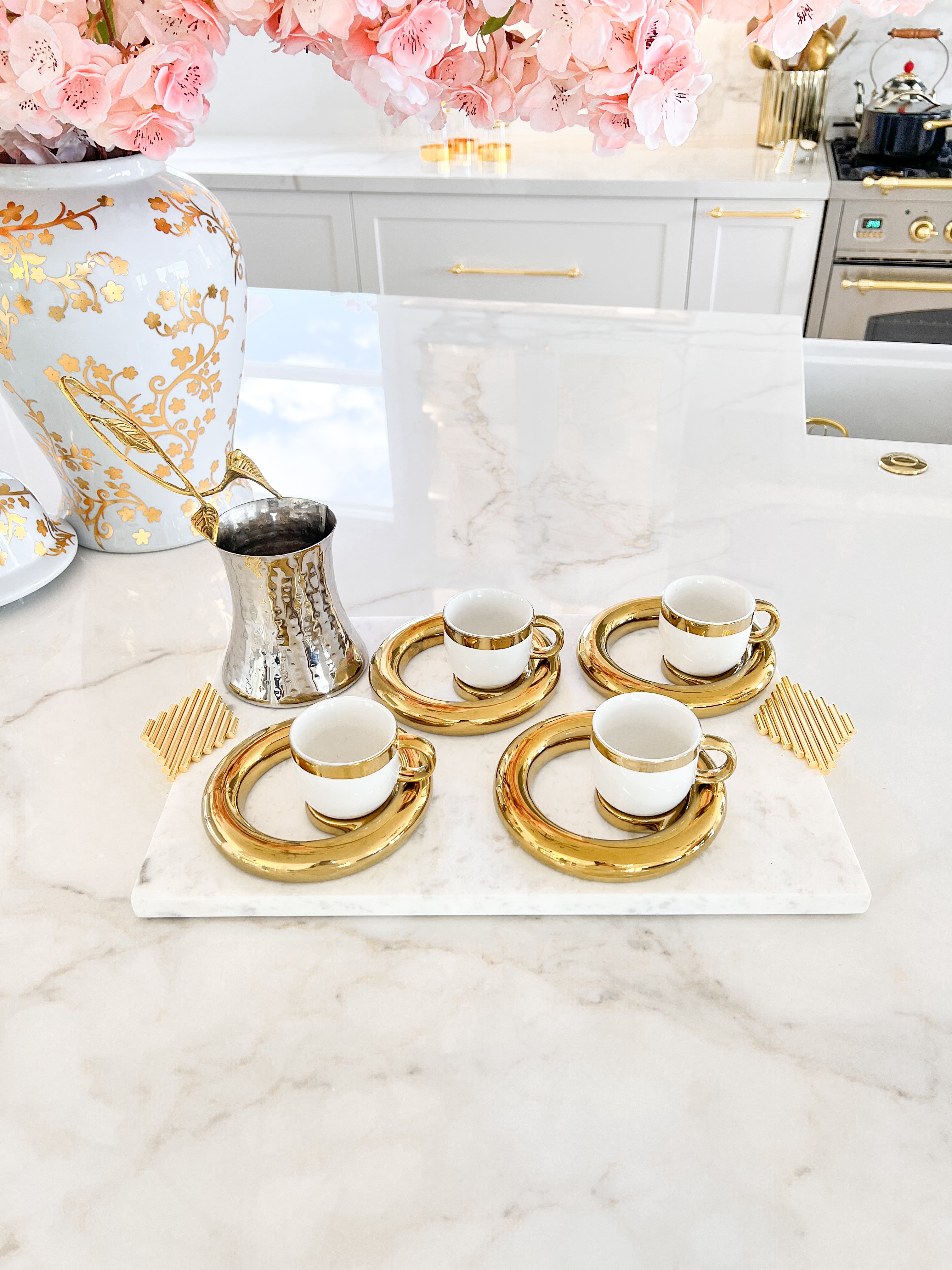 White and Gold Espresso Turkish Coffee Cups with Saucer | HTS DECOR