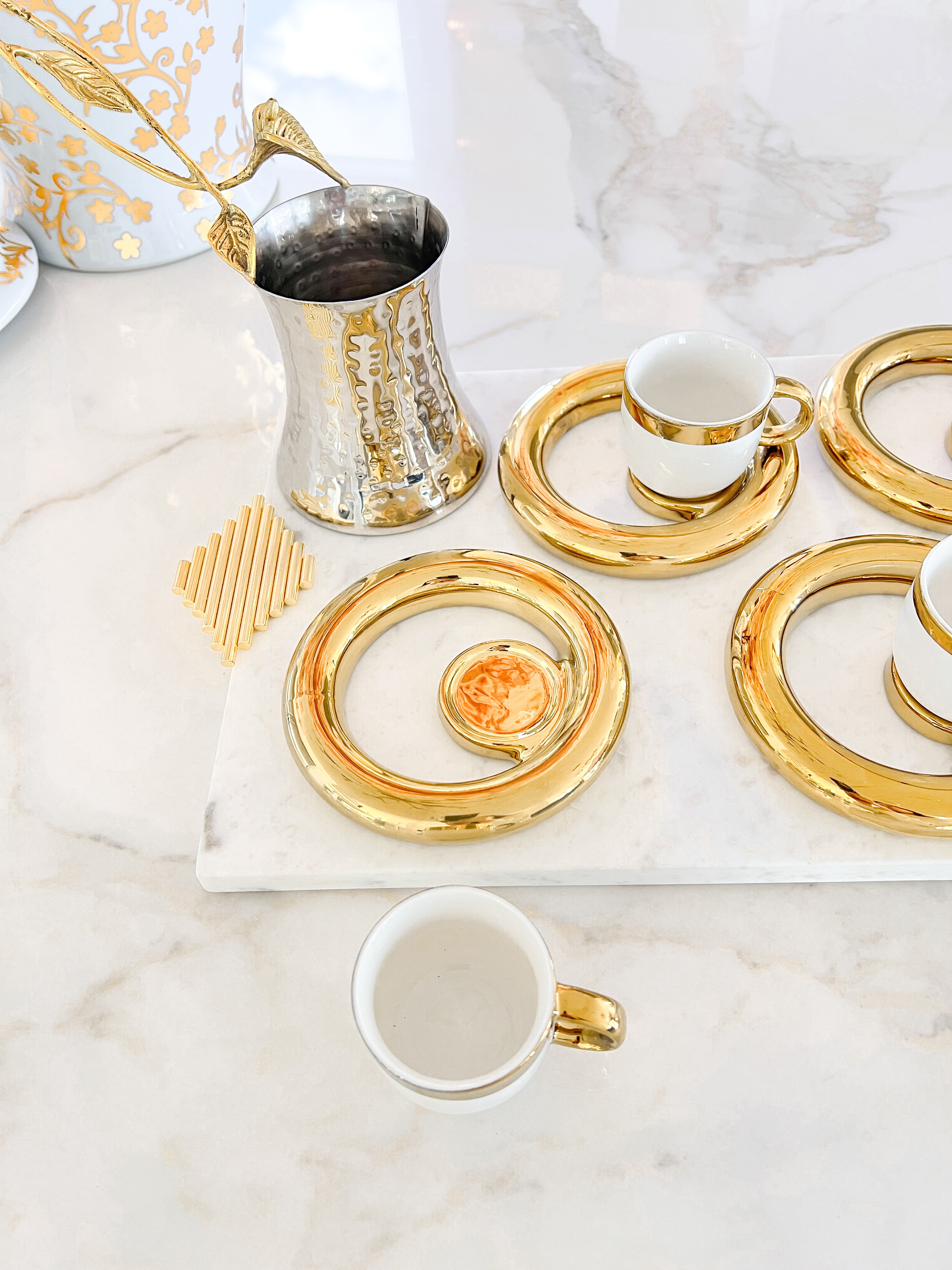 White and Gold Espresso Turkish Coffee Cups with Saucer | HTS DECOR