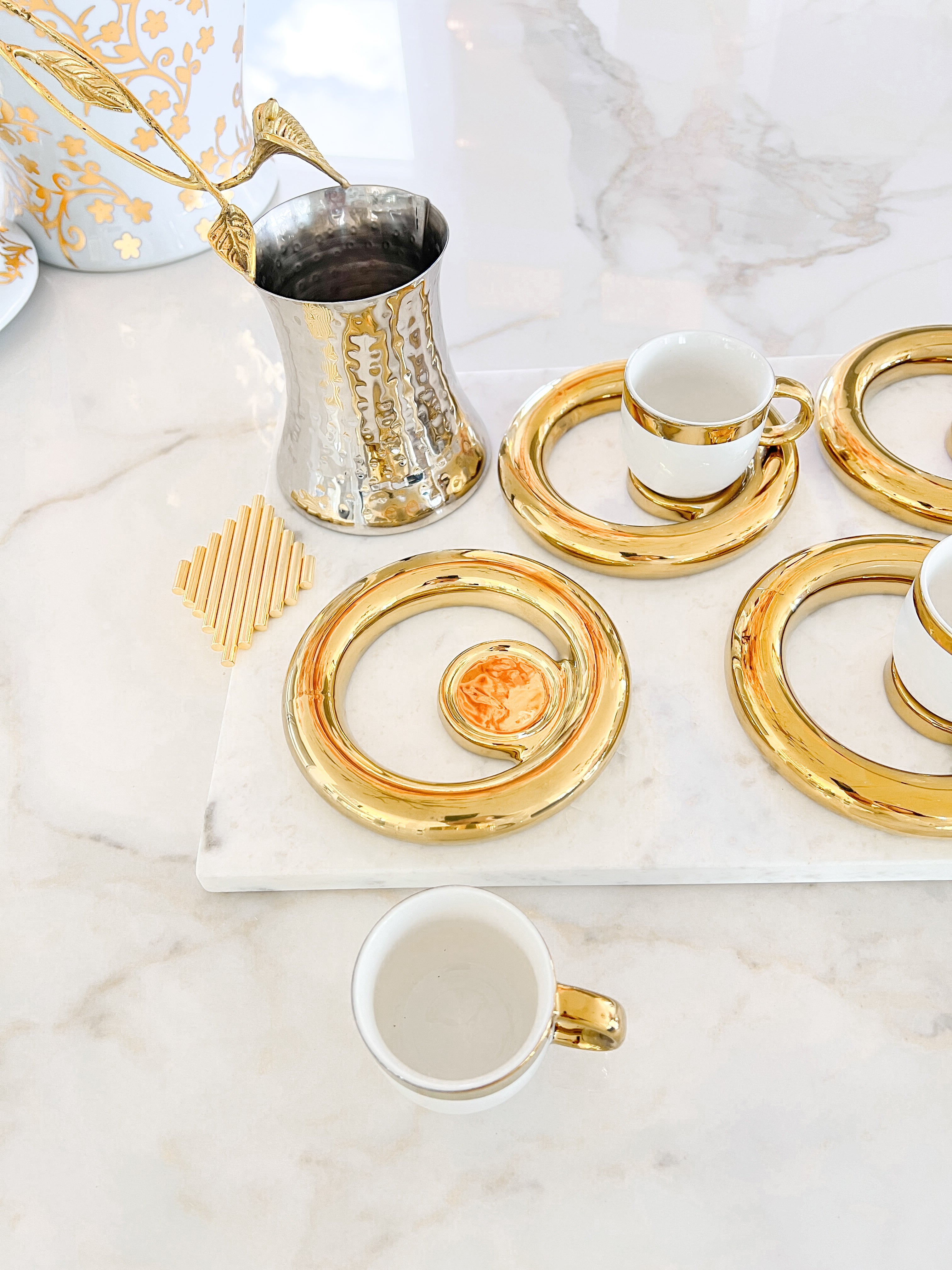 White Espresso Coffee Cups with Gold Hallow Saucer
