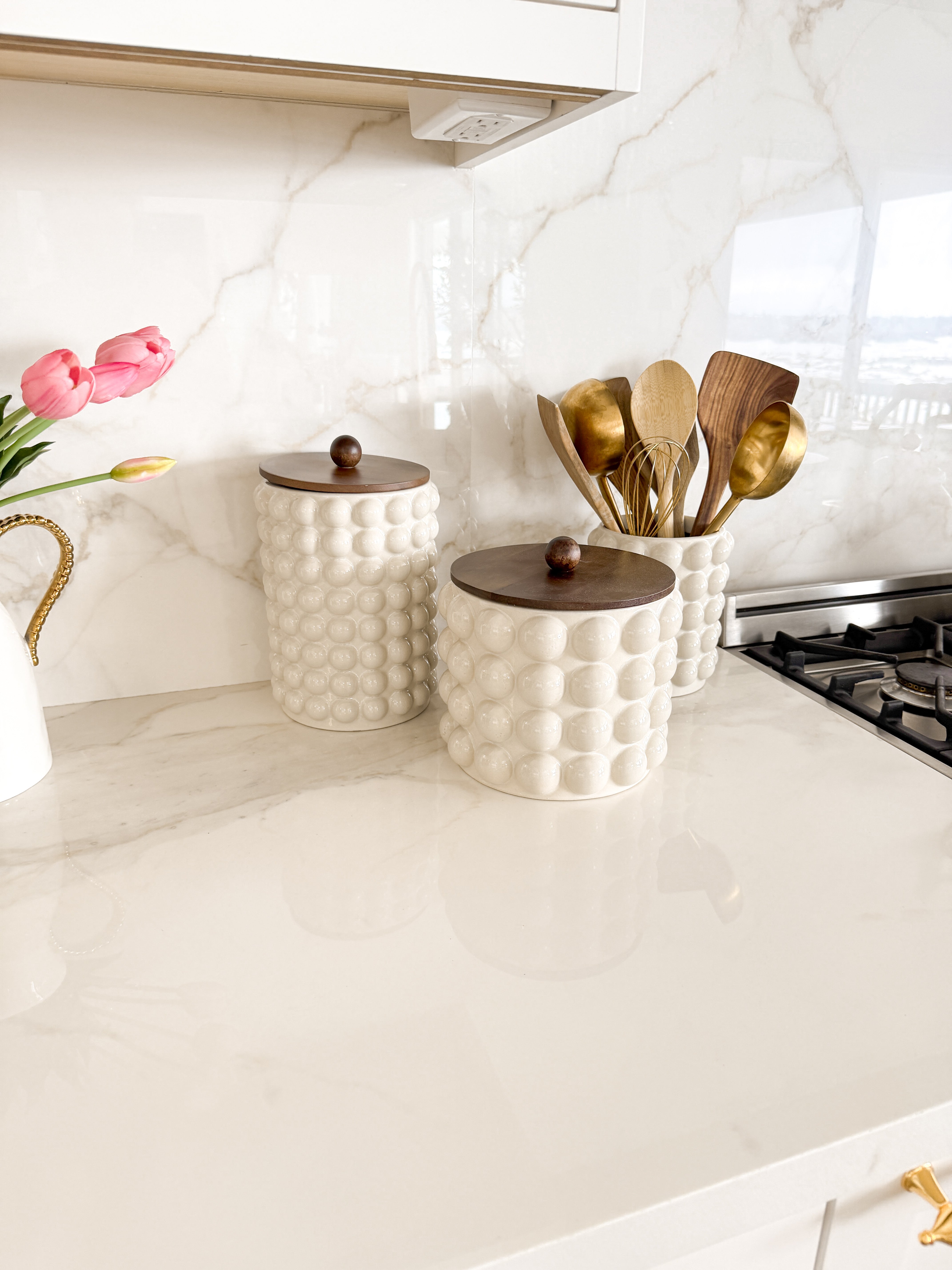 White Stoneware Bubbled Canister With Wood Lid