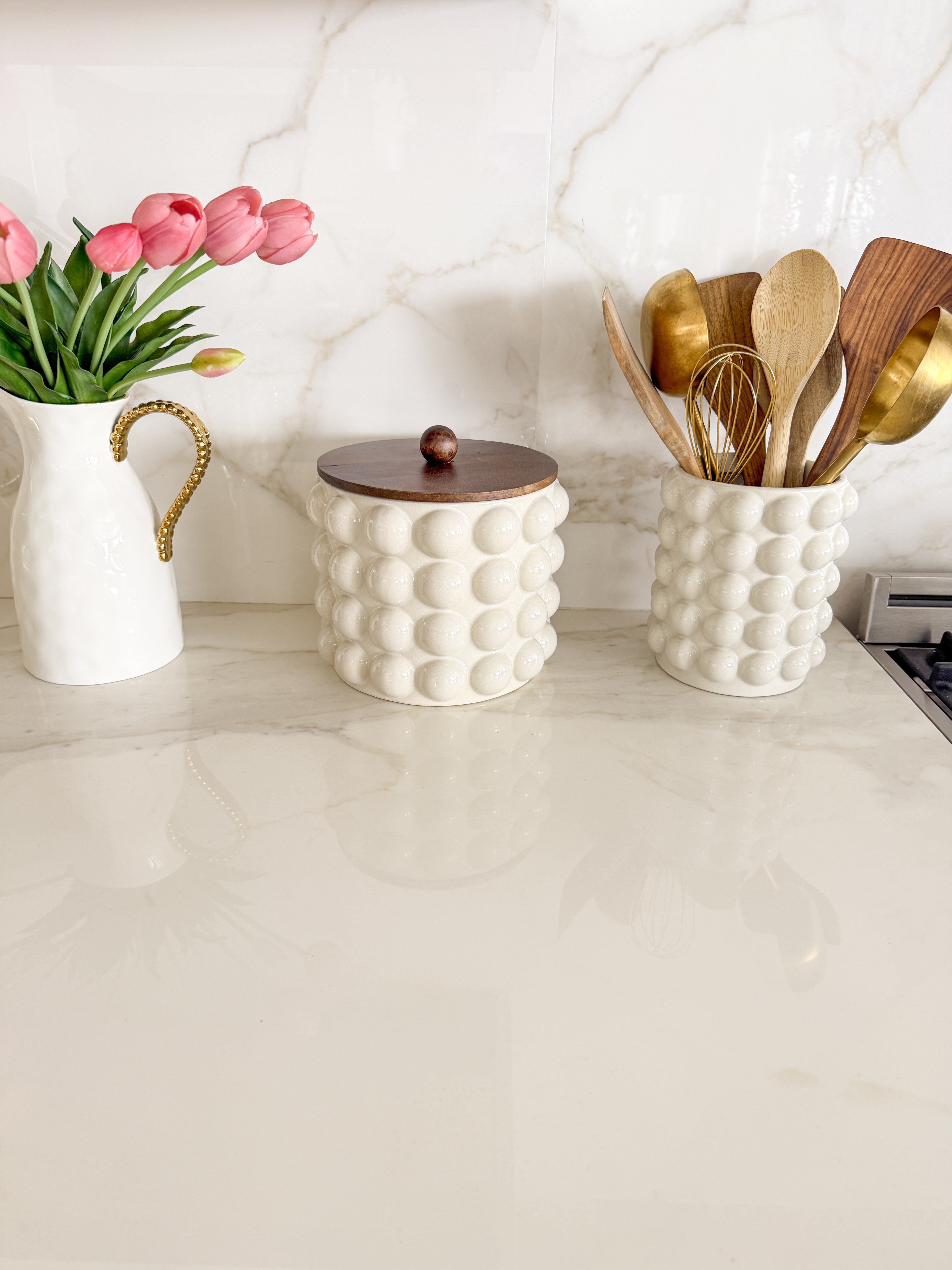 White Stoneware Bubbled Canister With Wood Lid