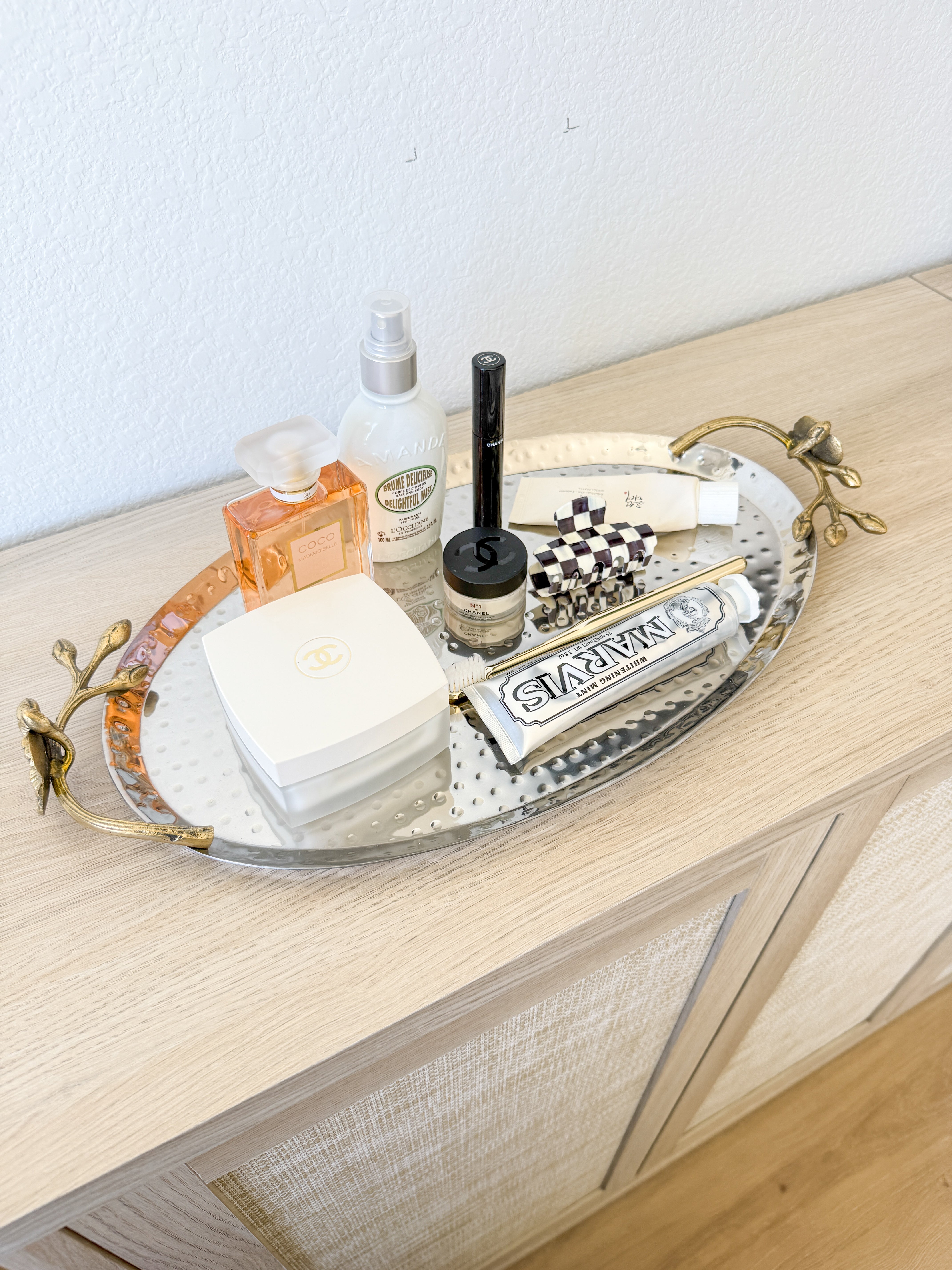 Silver Hammered Vanity Tray with Gold Floral Handles