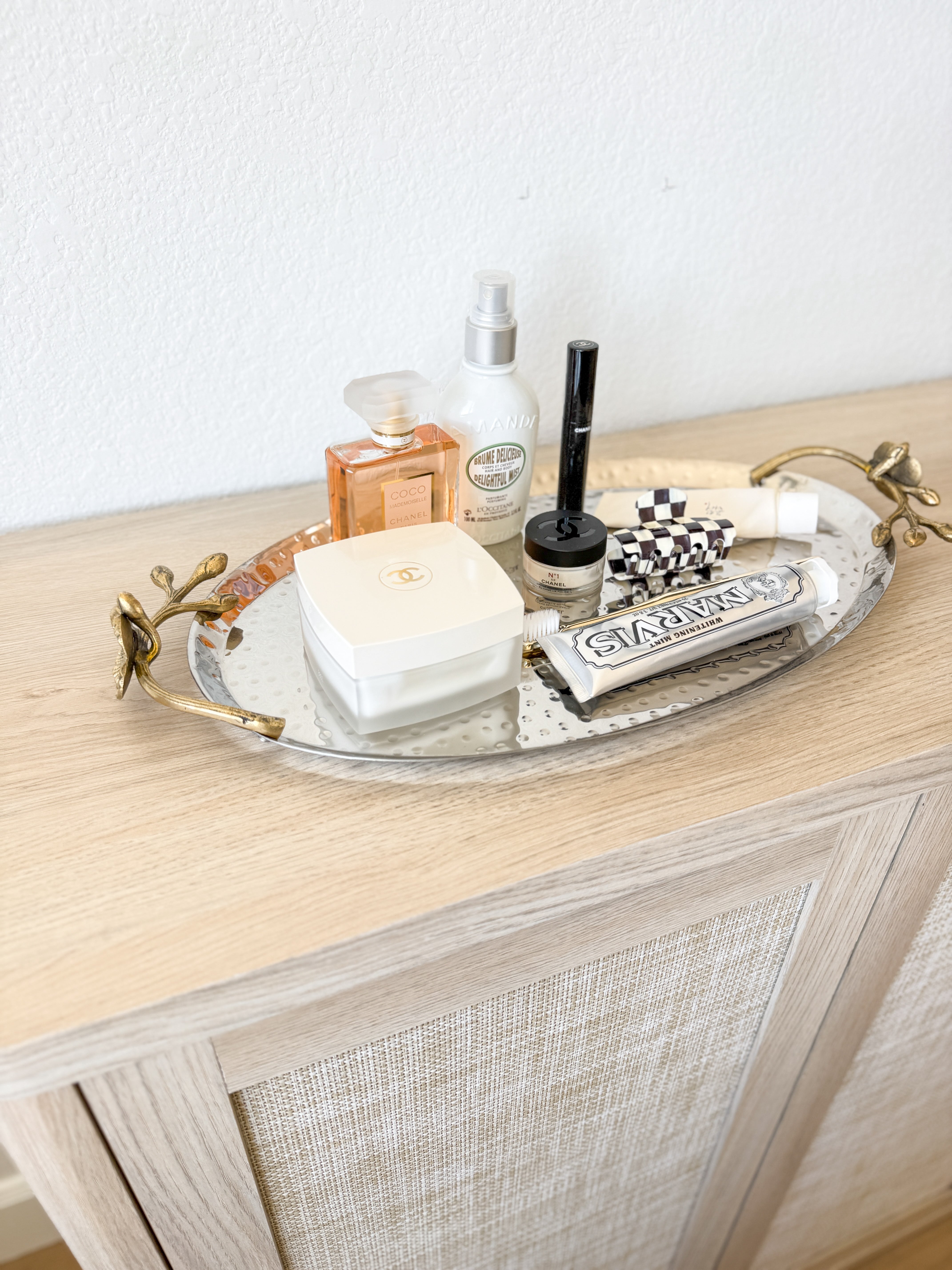 Silver Hammered Vanity Tray with Gold Floral Handles