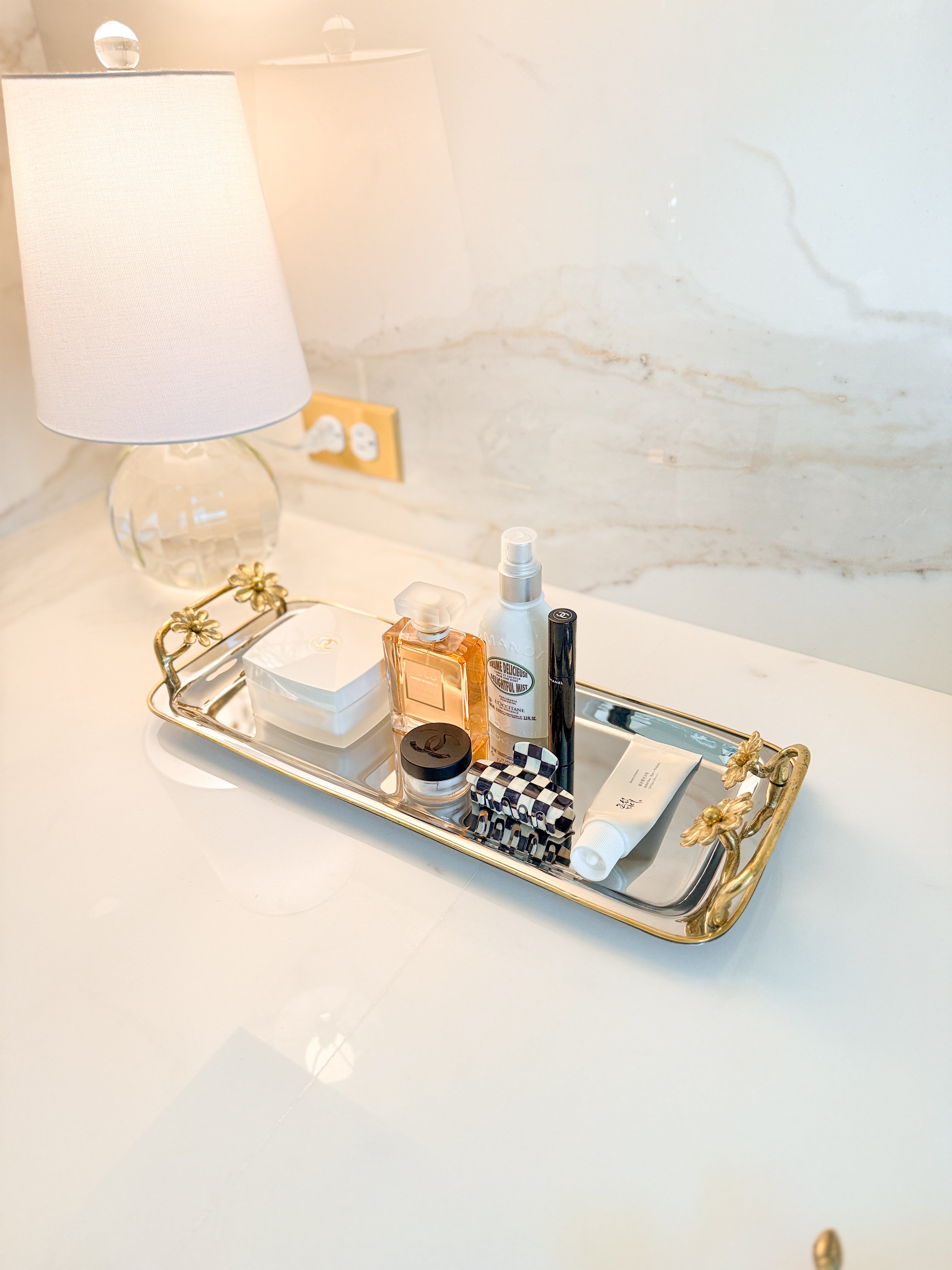 Silver Vanity Tray with Gold Floral Handles
