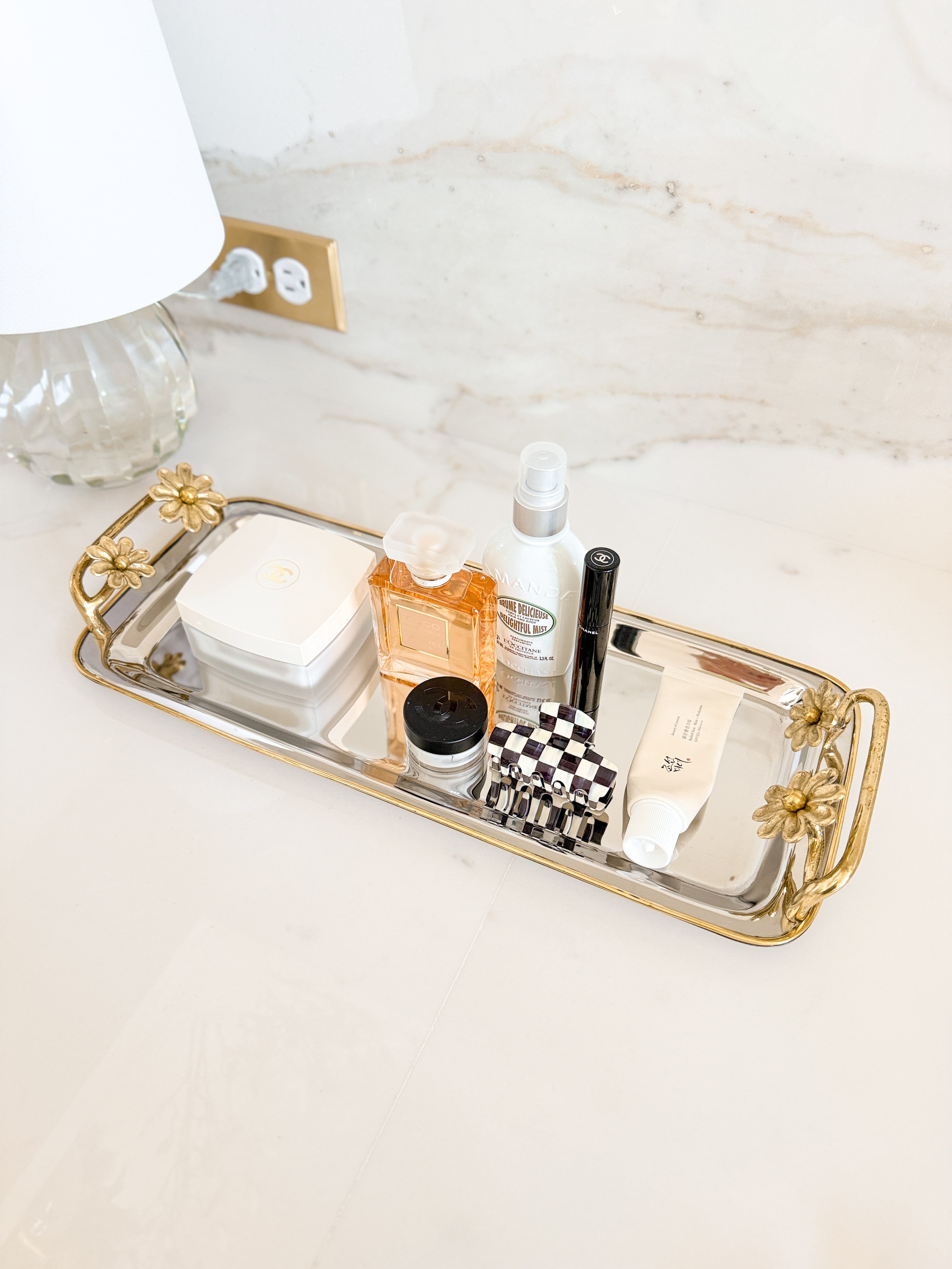 Silver Vanity Tray with Gold Floral Handles
