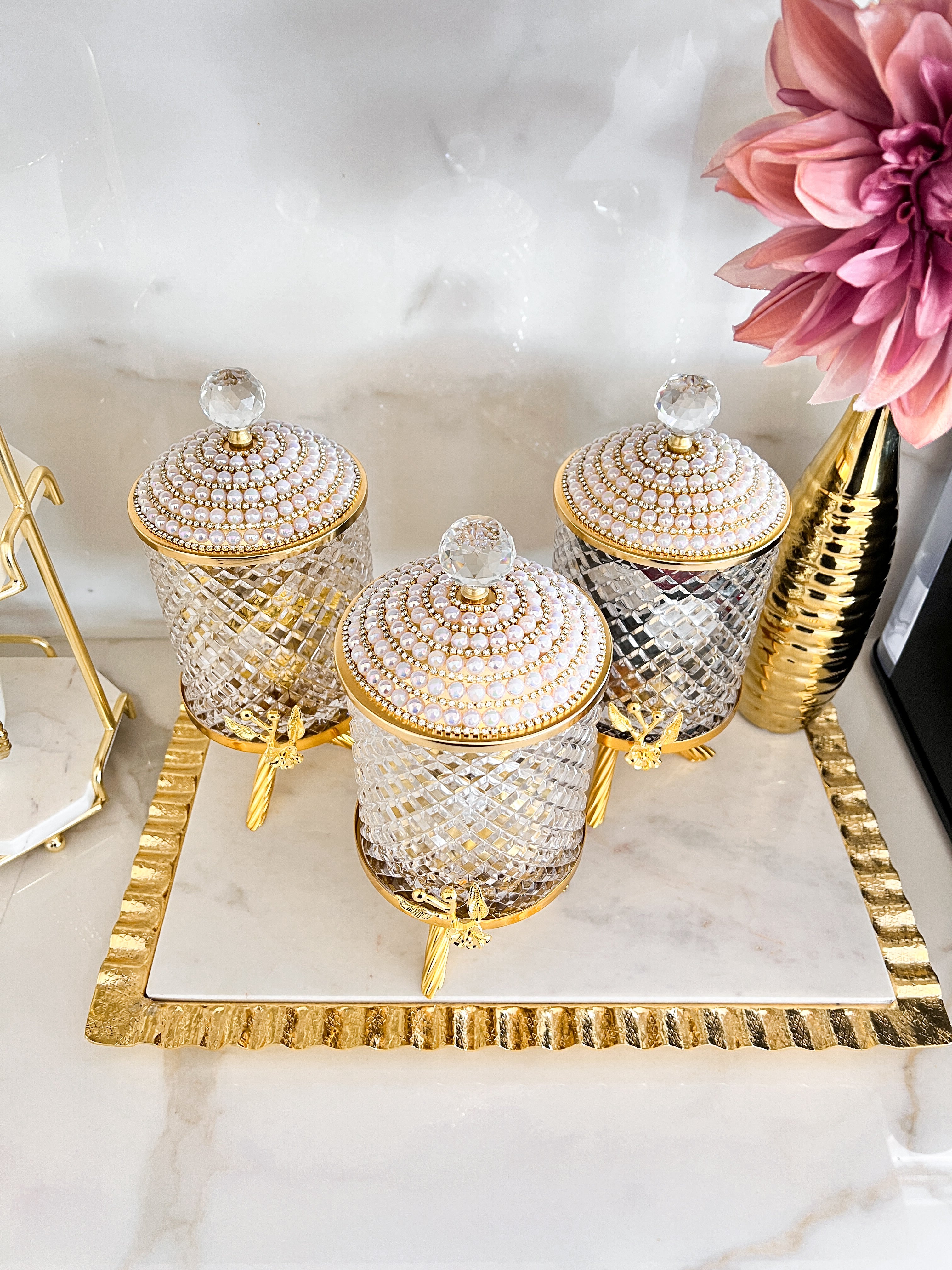 Gold Jeweled Footed Canister with Crystal Knob (Set of 3)
