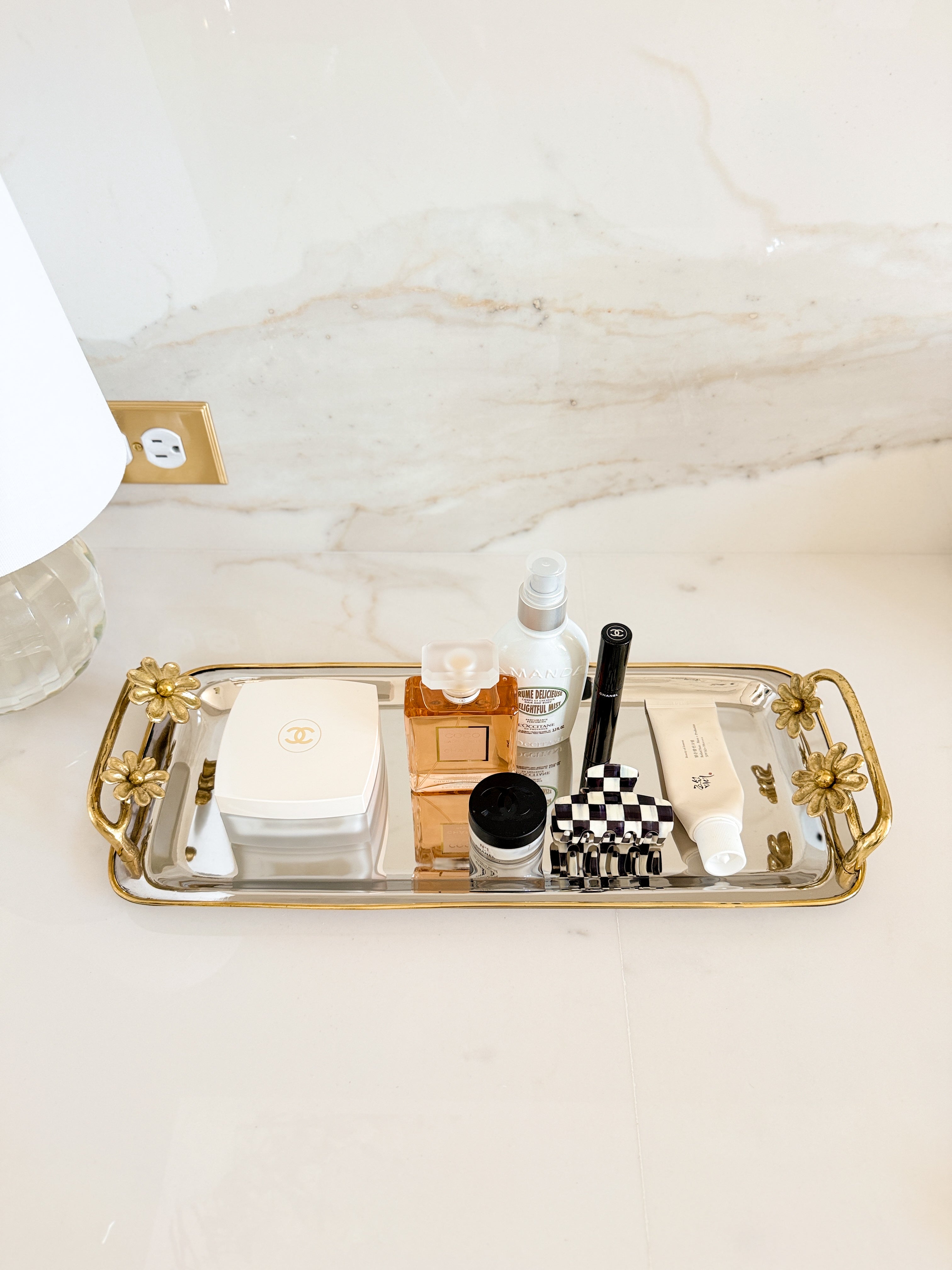 Silver Vanity Tray with Gold Floral Handles