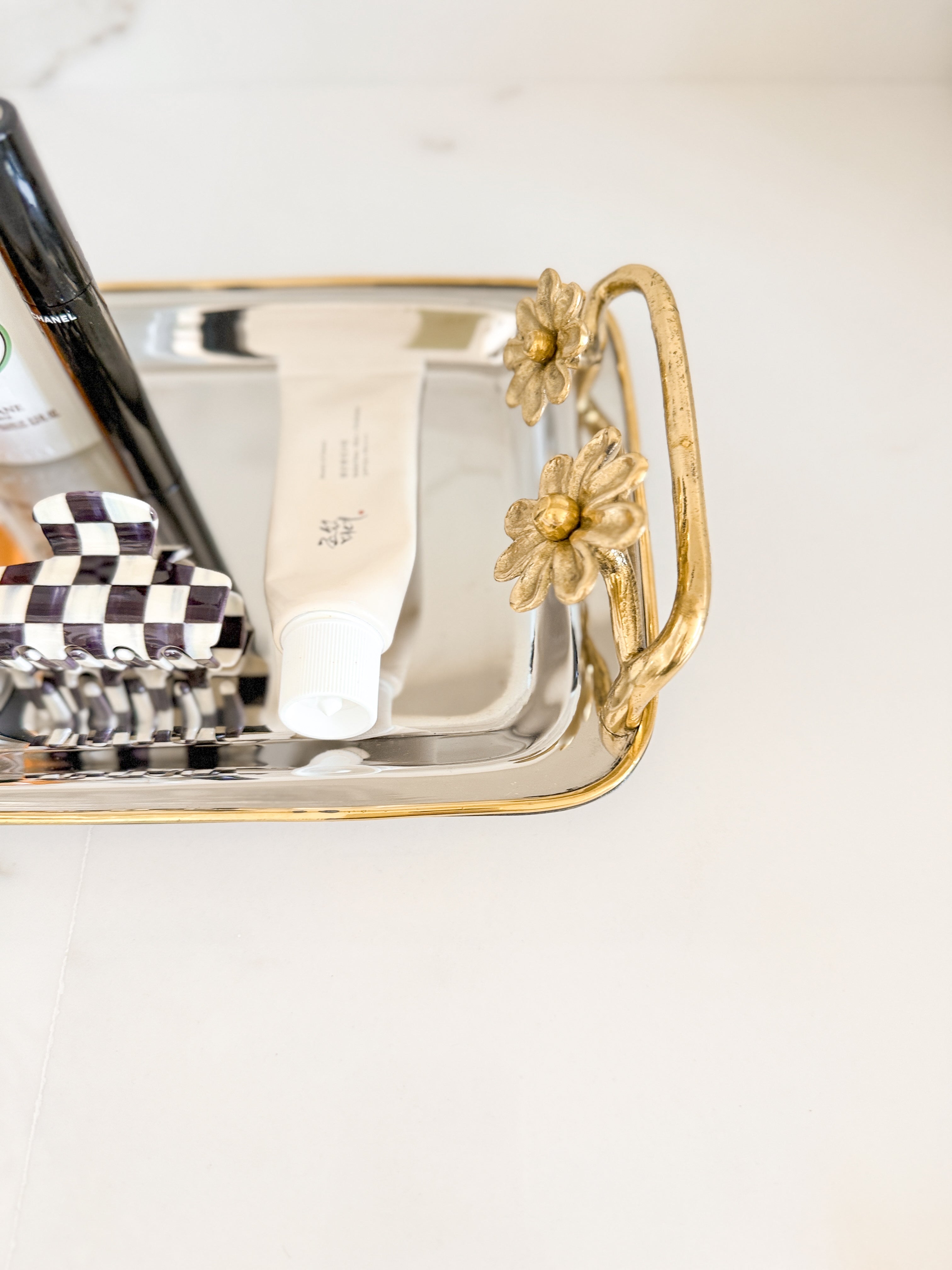 Silver Vanity Tray with Gold Floral Handles