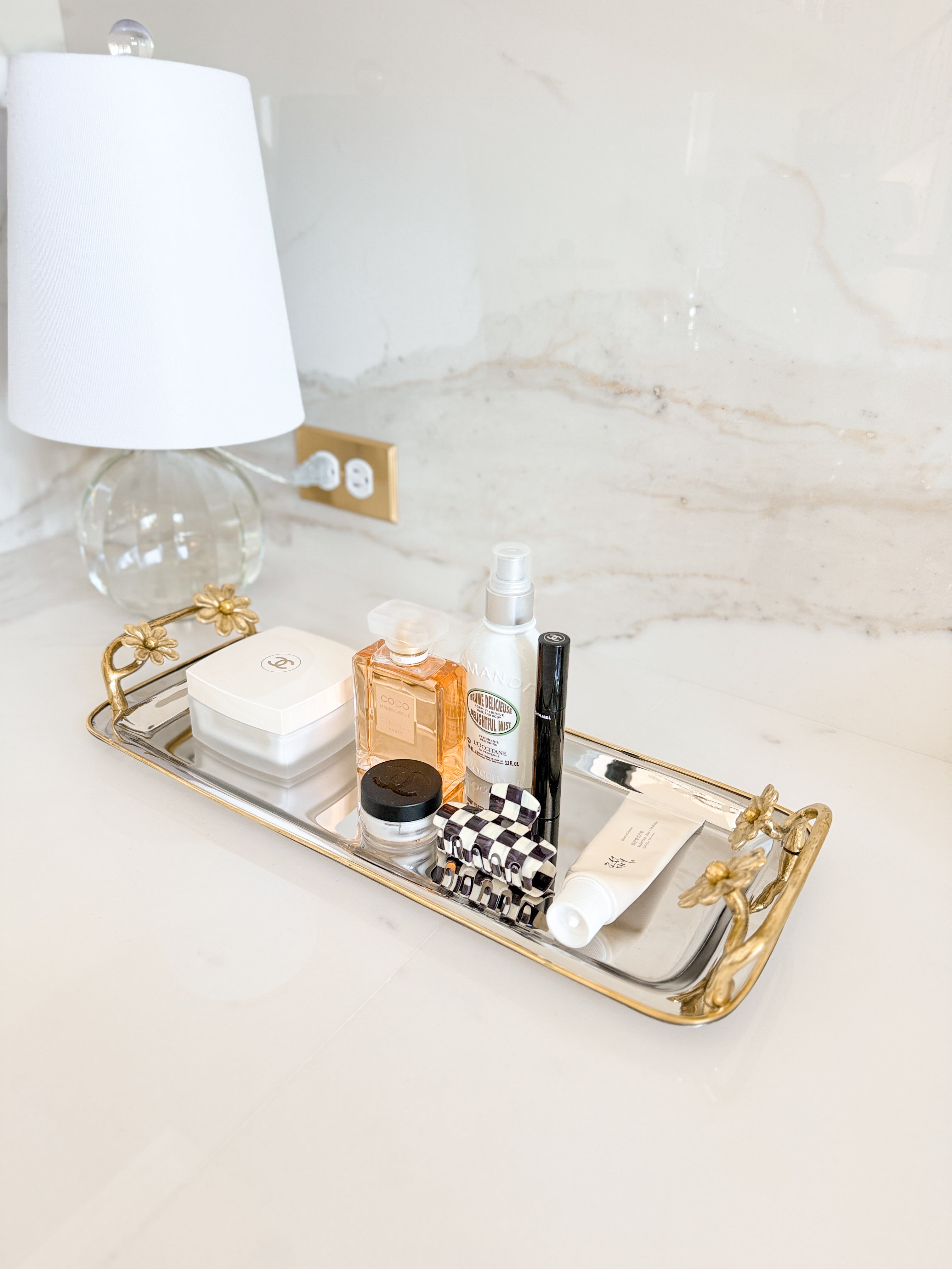 Silver Vanity Tray with Gold Floral Handles