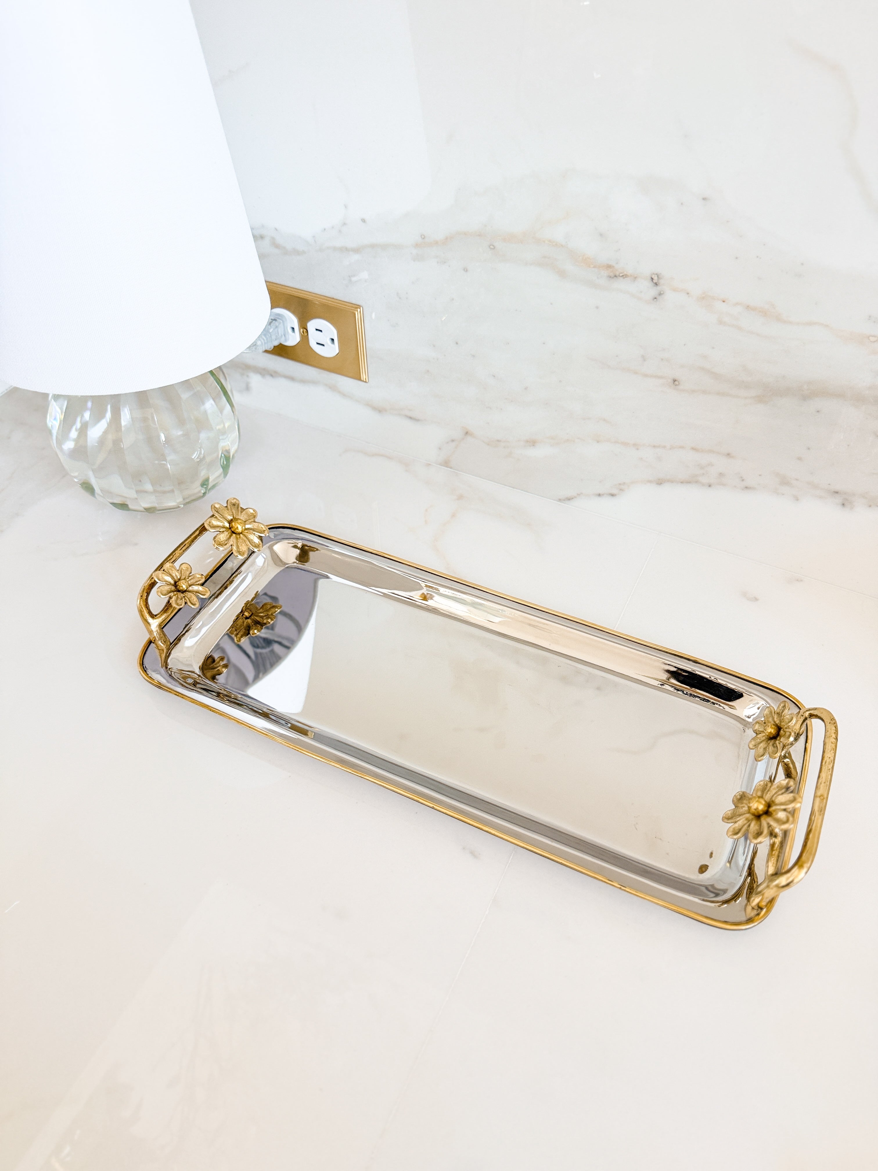 Silver Vanity Tray with Gold Floral Handles