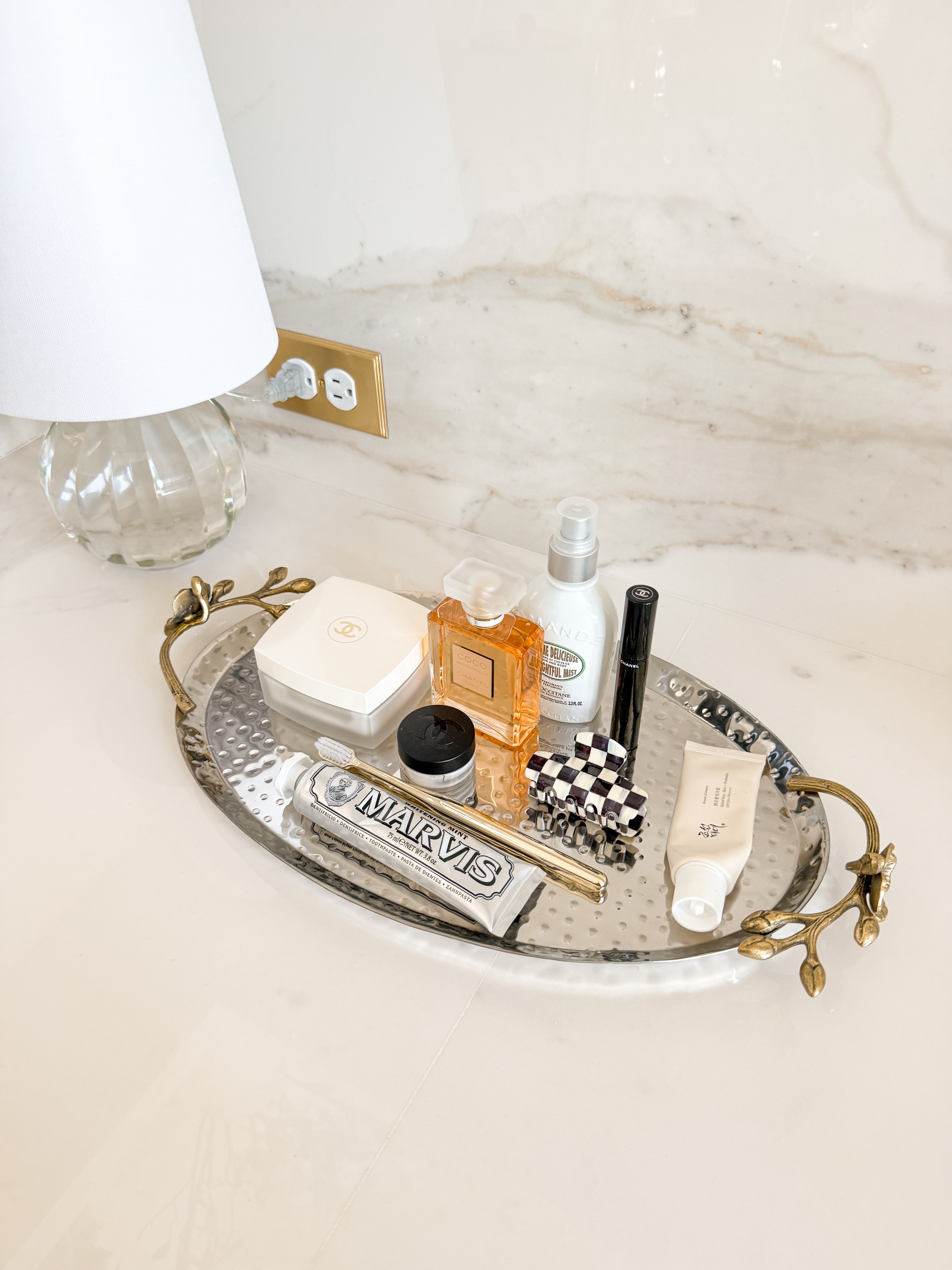 Silver Hammered Vanity Tray with Gold Floral Handles