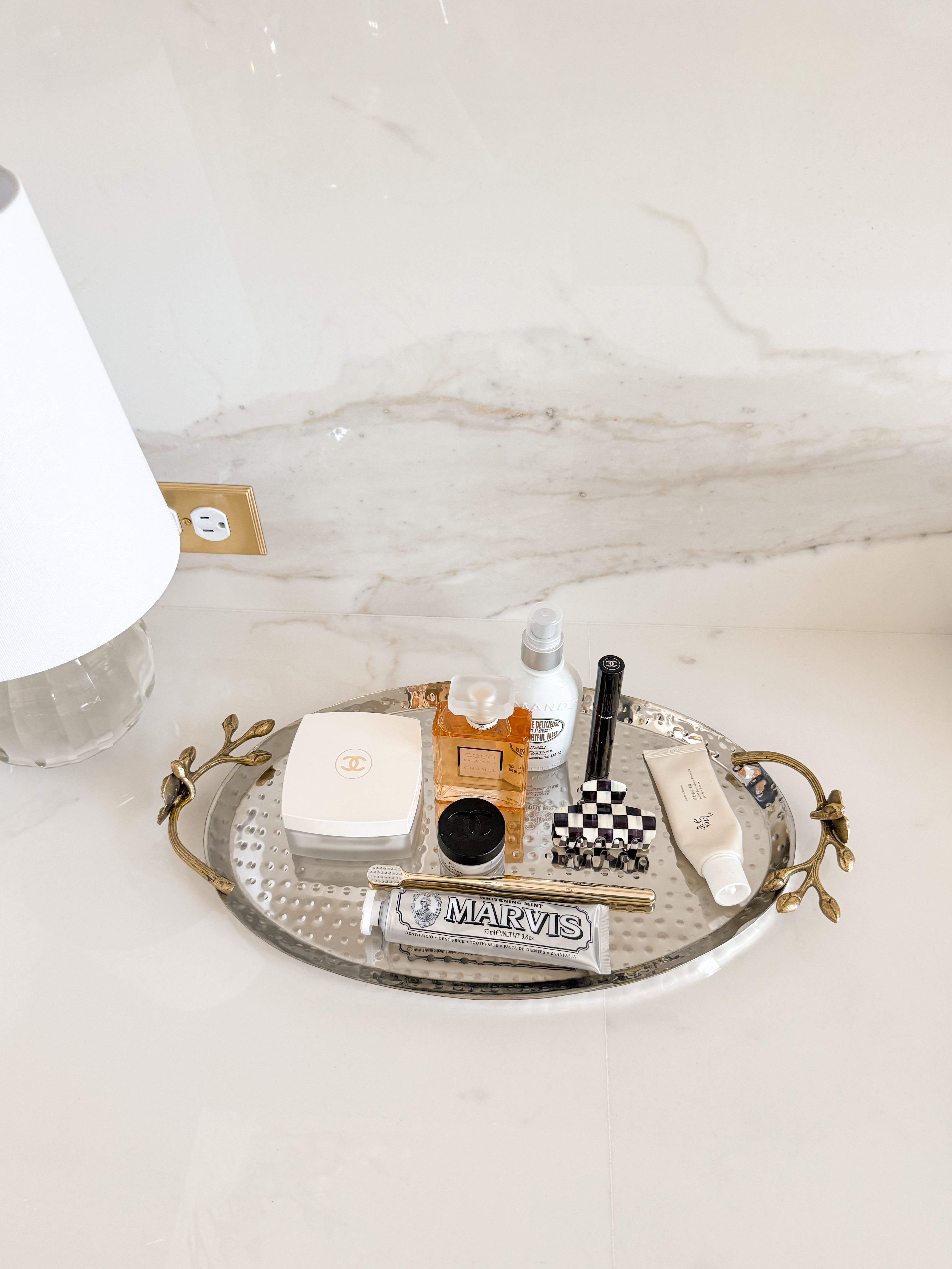 Silver Hammered Vanity Tray with Gold Floral Handles
