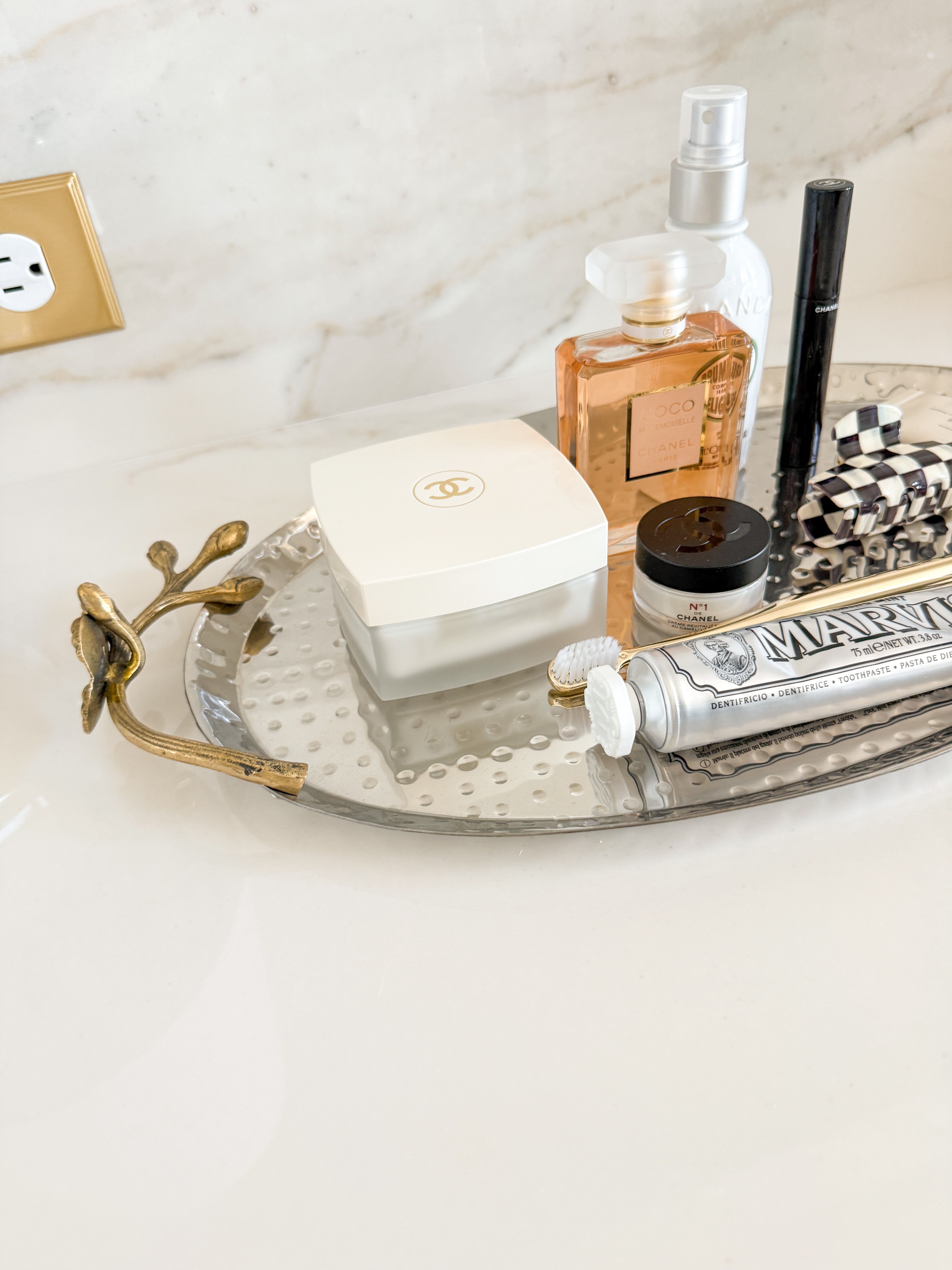 Silver Hammered Vanity Tray with Gold Floral Handles