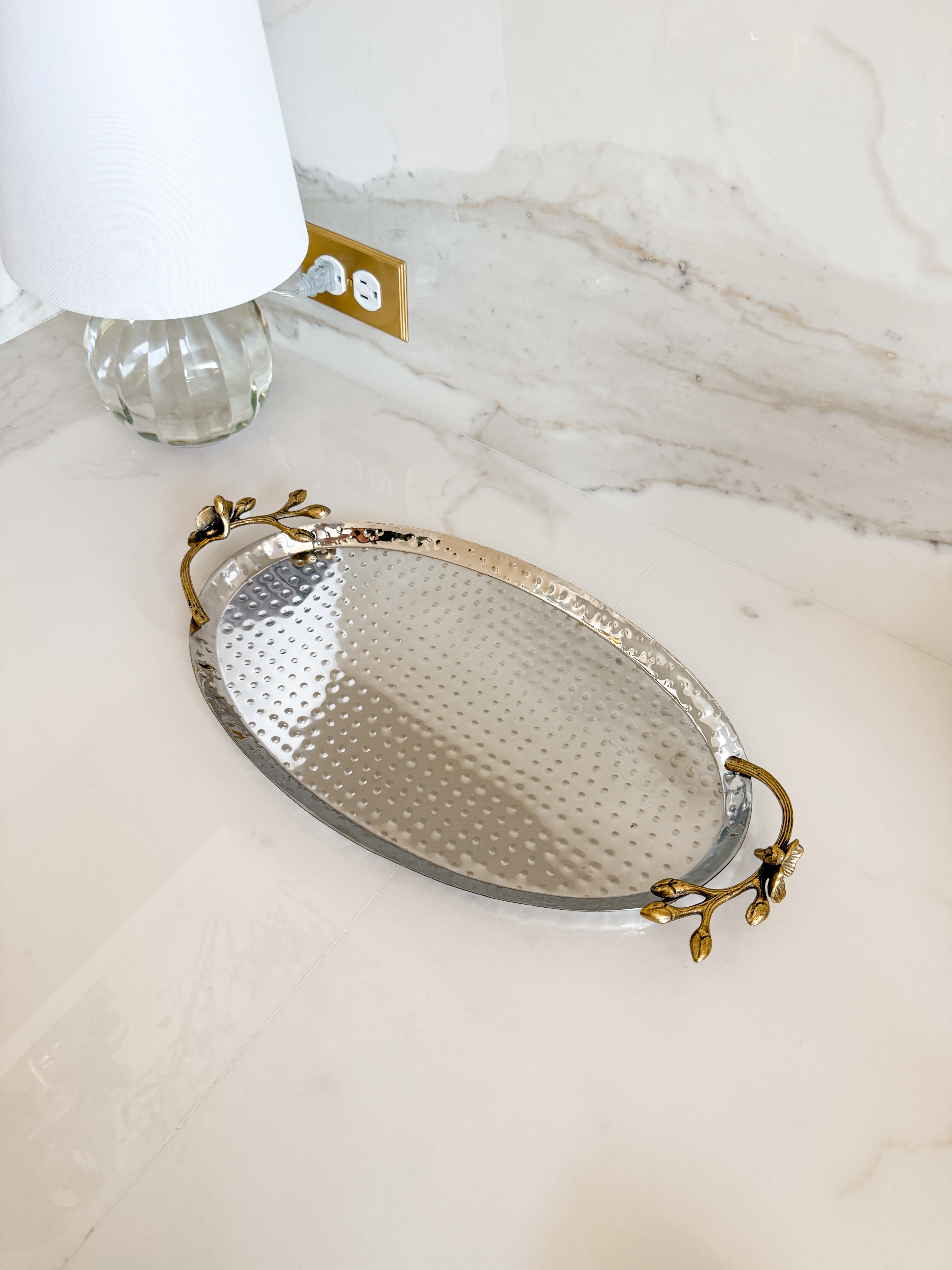 Silver Hammered Vanity Tray with Gold Floral Handles