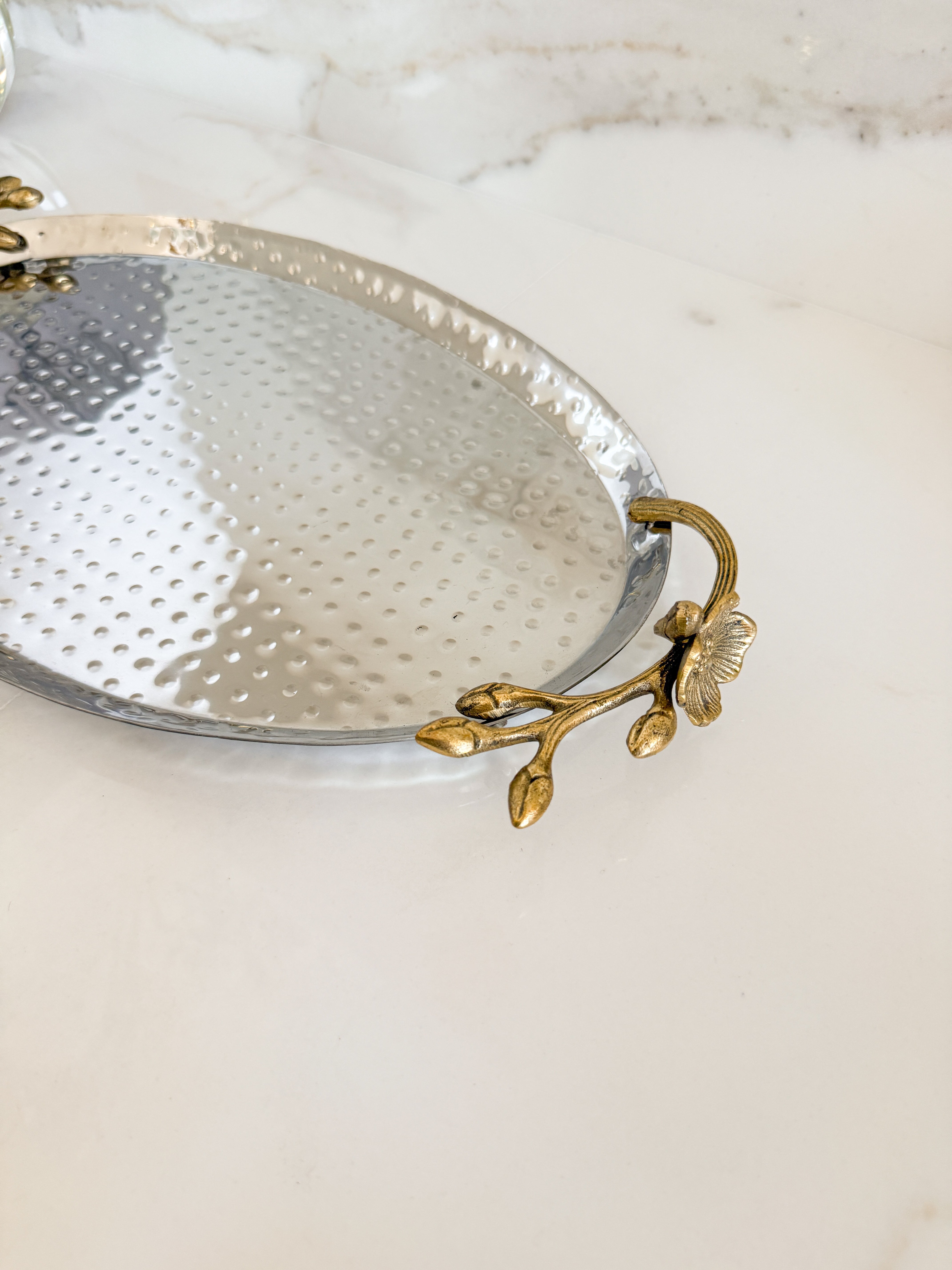 Silver Hammered Vanity Tray with Gold Floral Handles