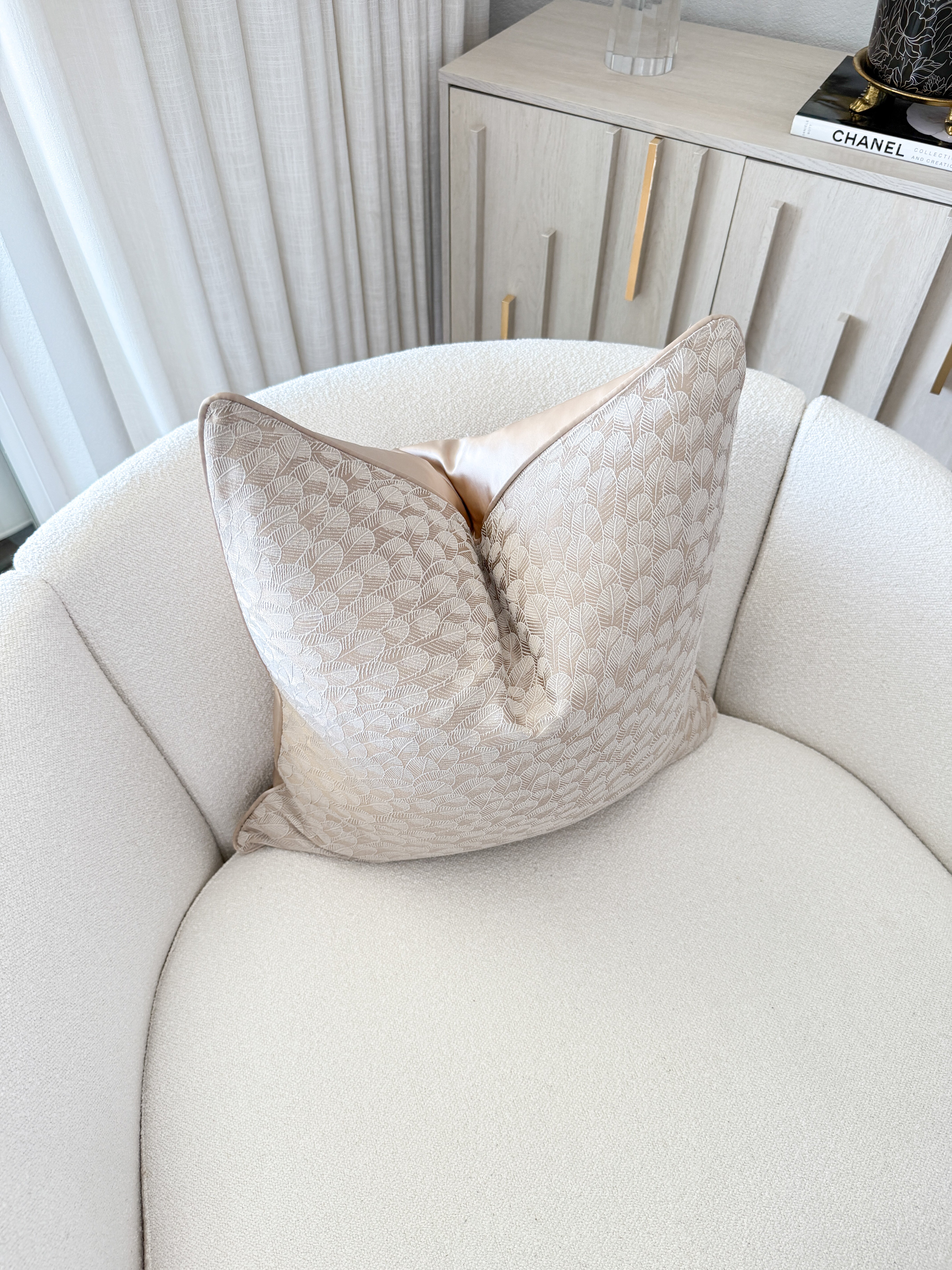 Champagne with Feather Pattern Throw Pillow Cover