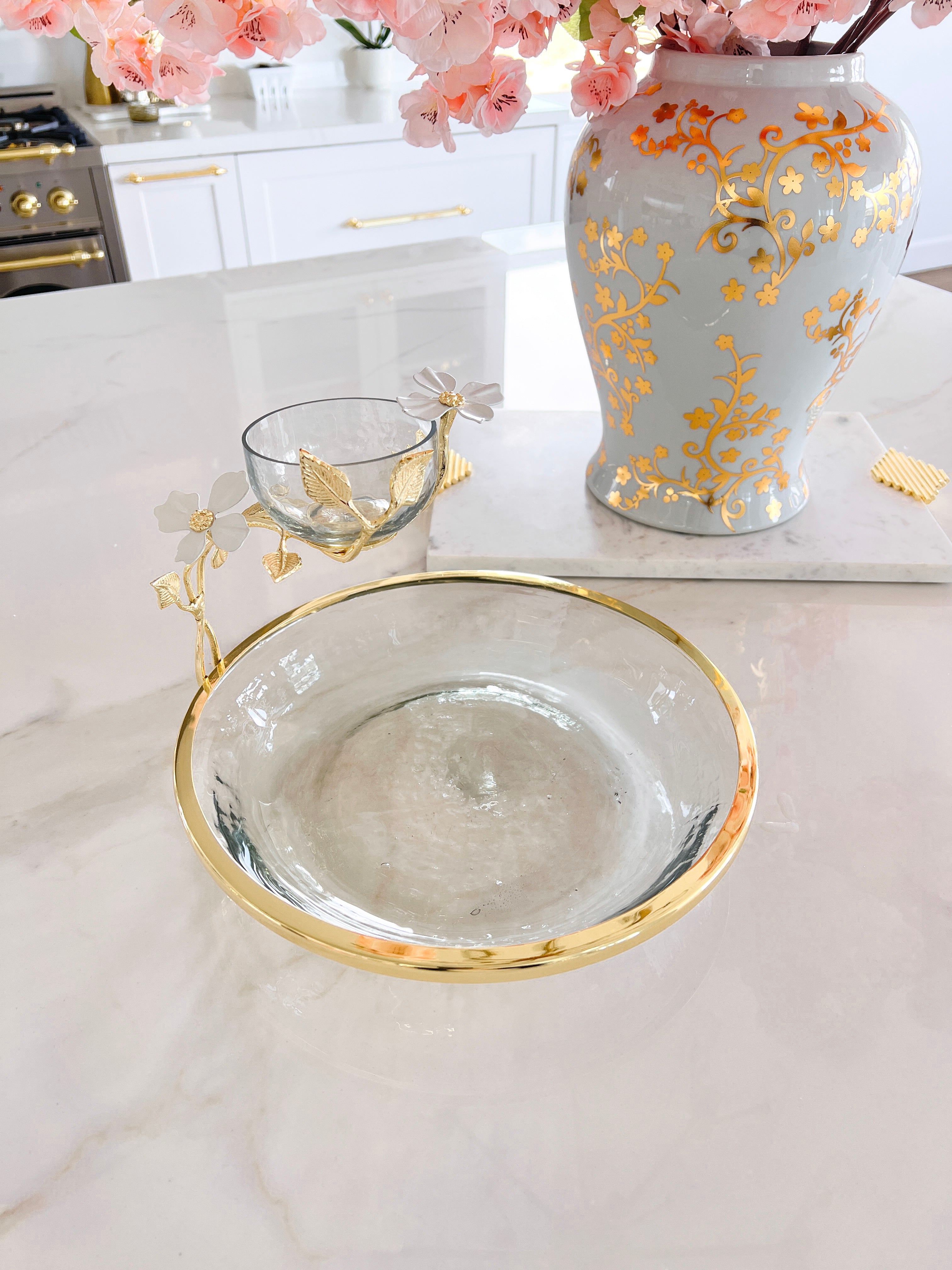 Gold Glass Chip & Dip Jasmine Flower Bowl