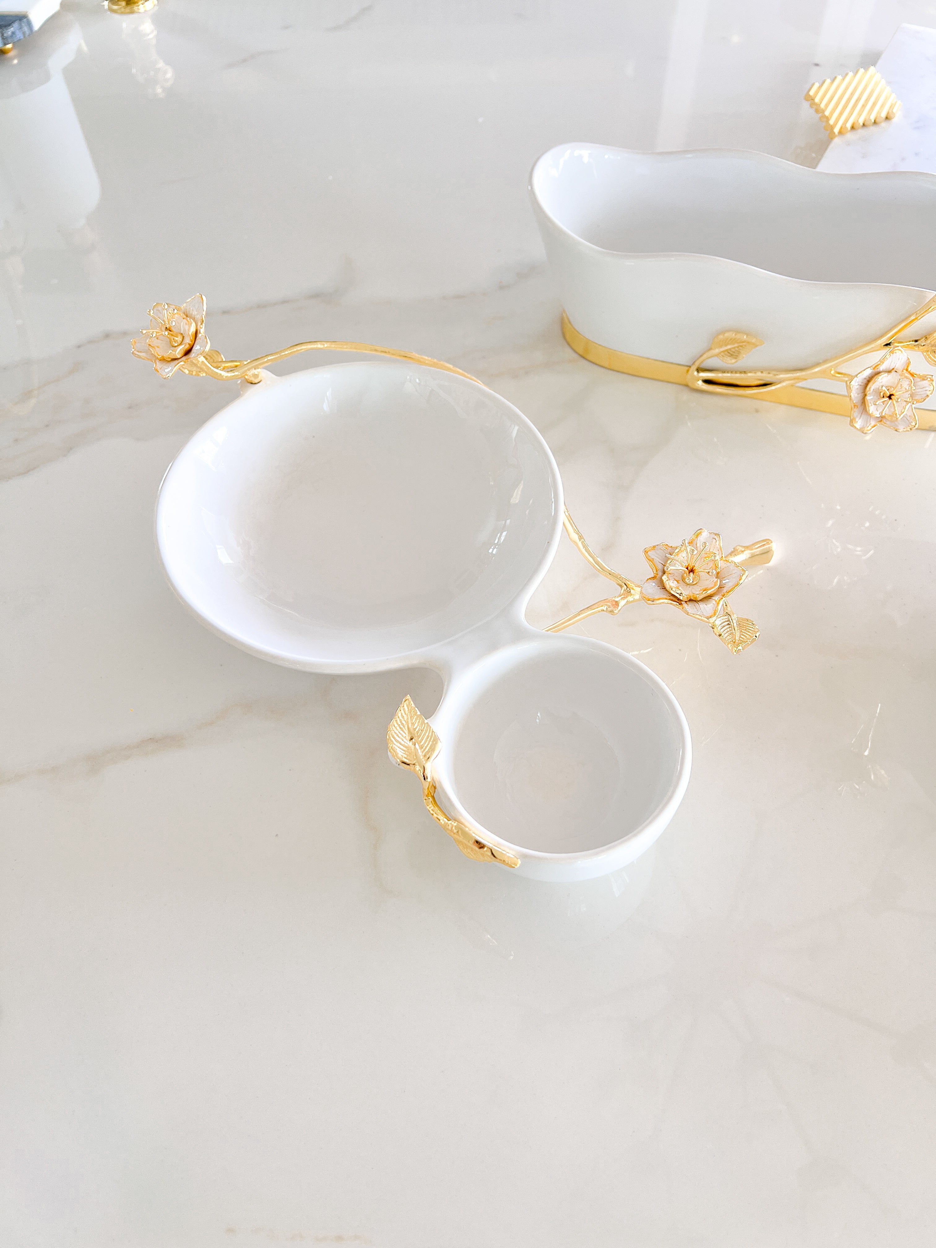 White 2-Section Snack Serving Bowl With Gold Flower Detail