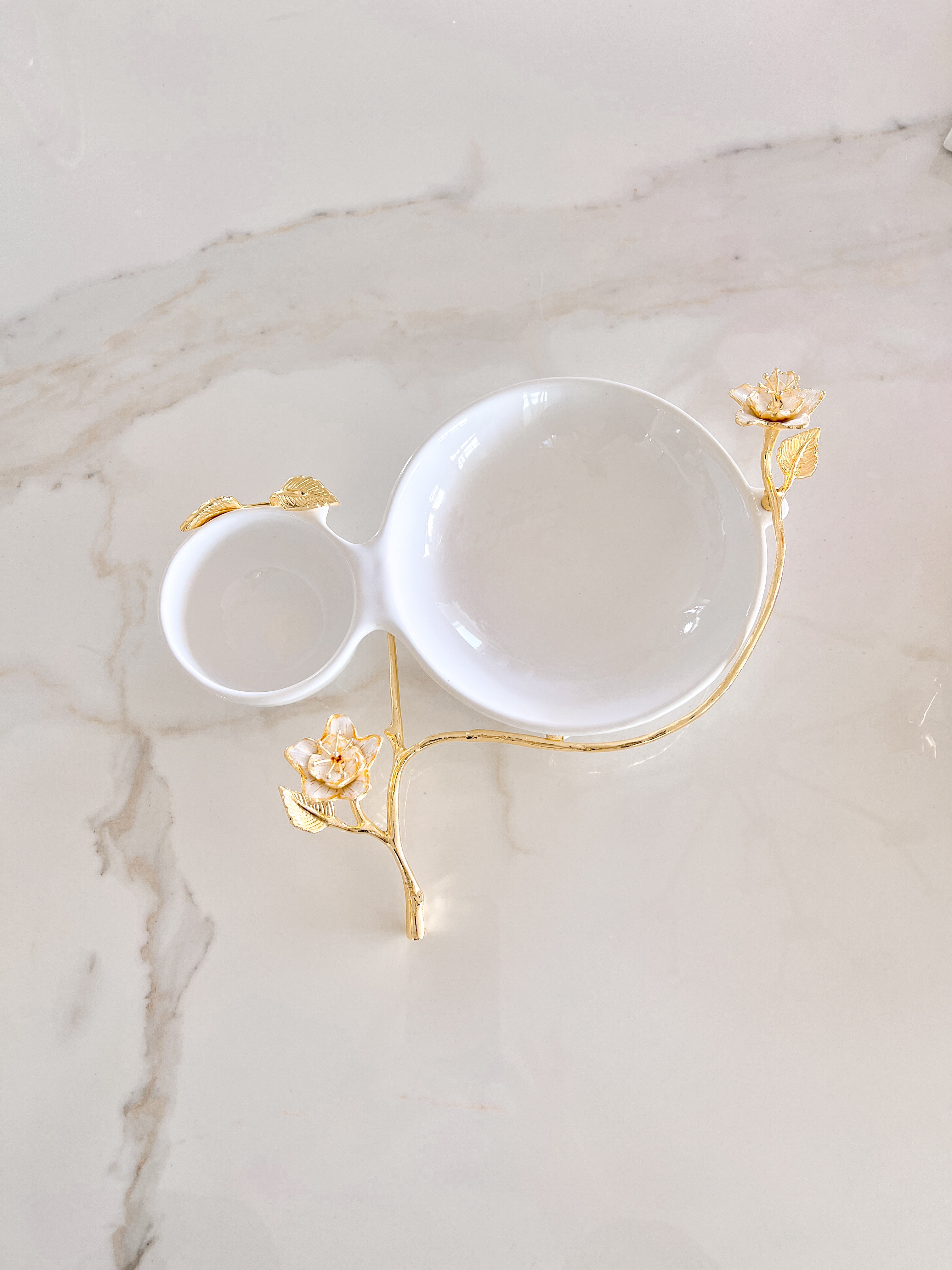 White 2-Section Snack Serving Bowl With Gold Flower Detail