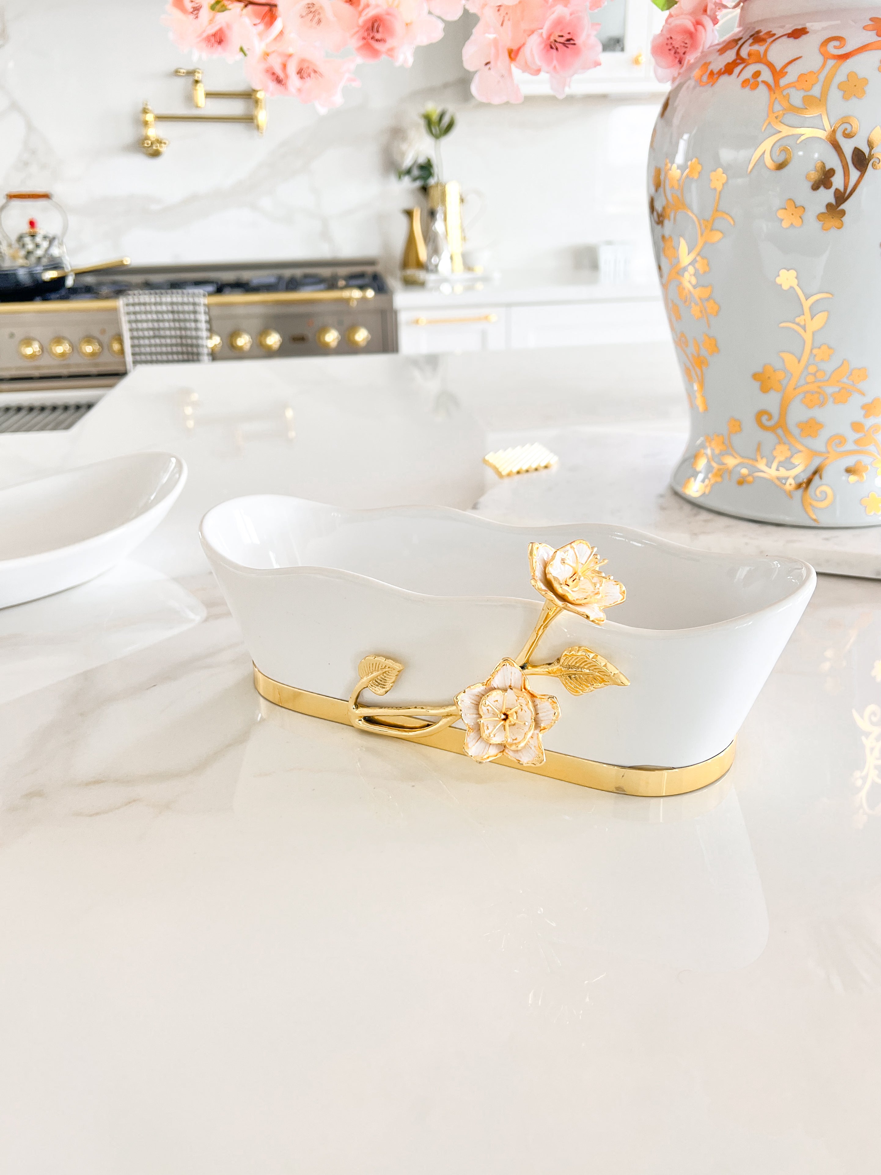White Snack Serving Bowl With Gold Flower Detail