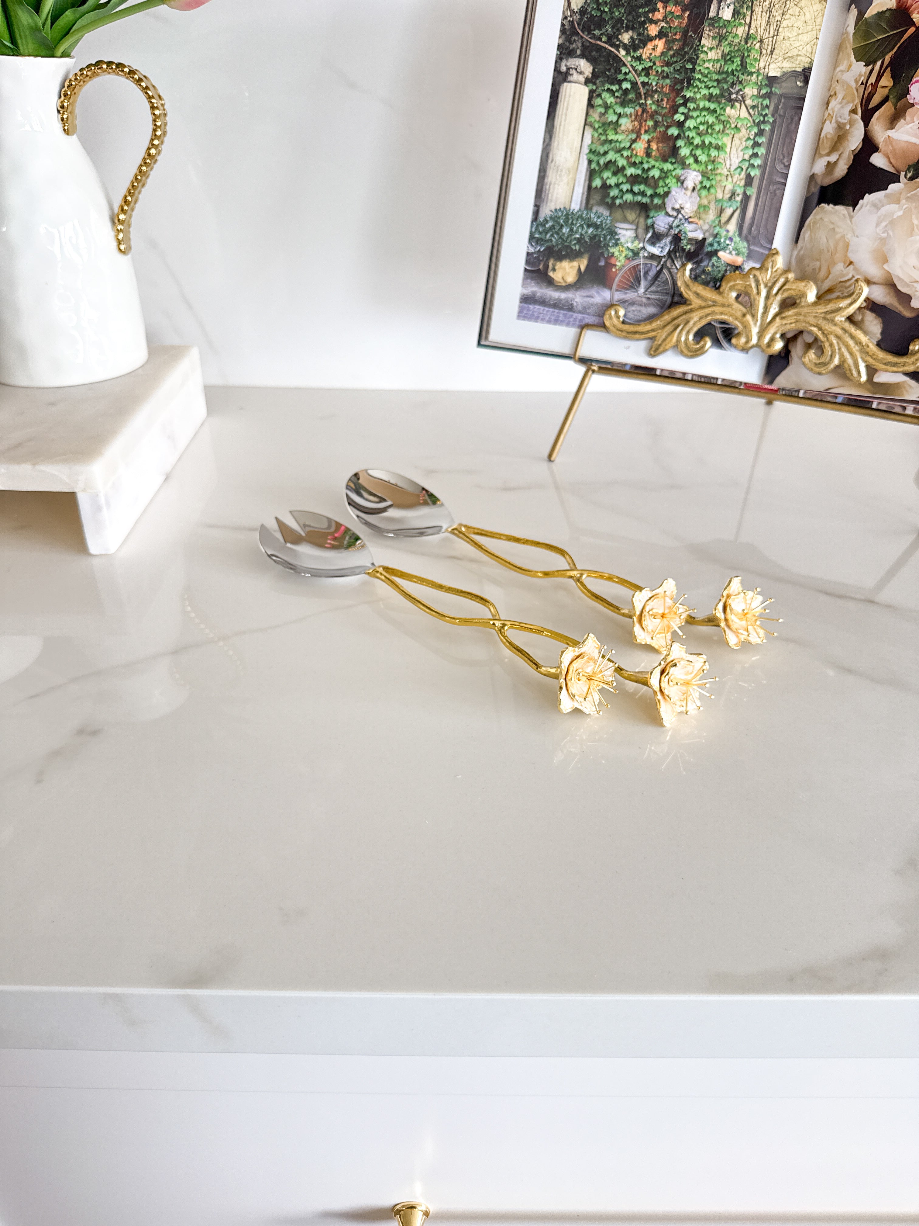 Gold Flower Salad Server Set