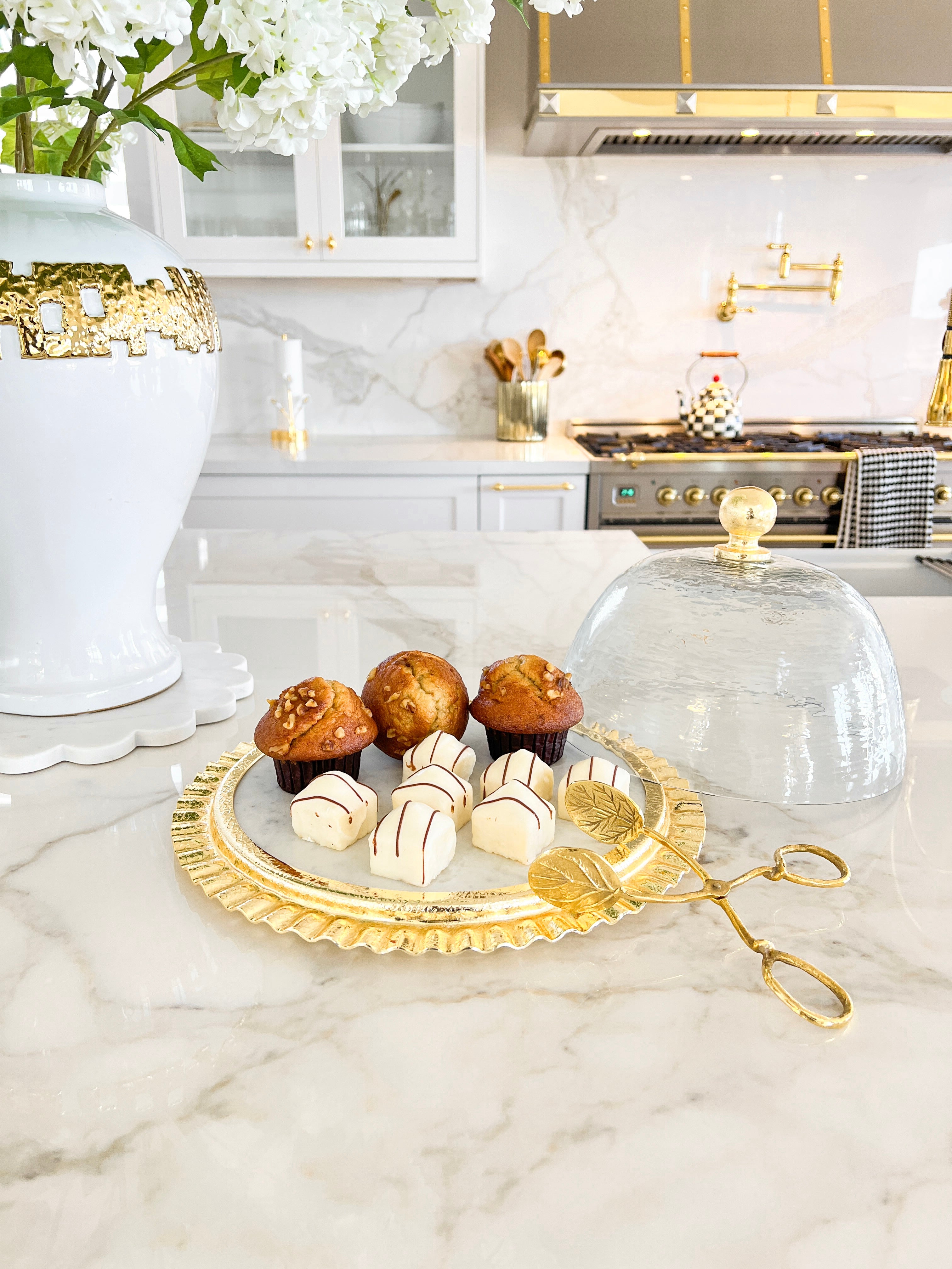 Marble with Gold Hammered Cake Stand with Glass Dome