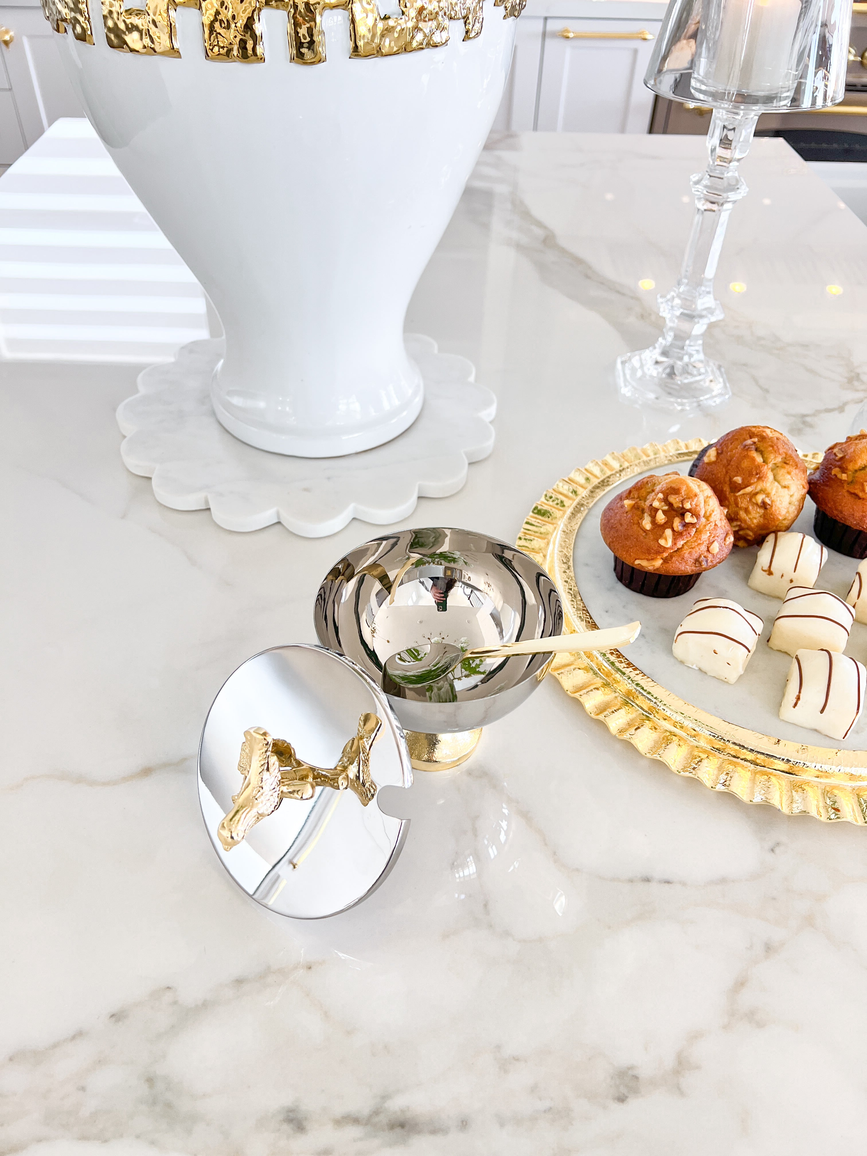 Gold and Silver Footed Sugar Bowl with Spoon