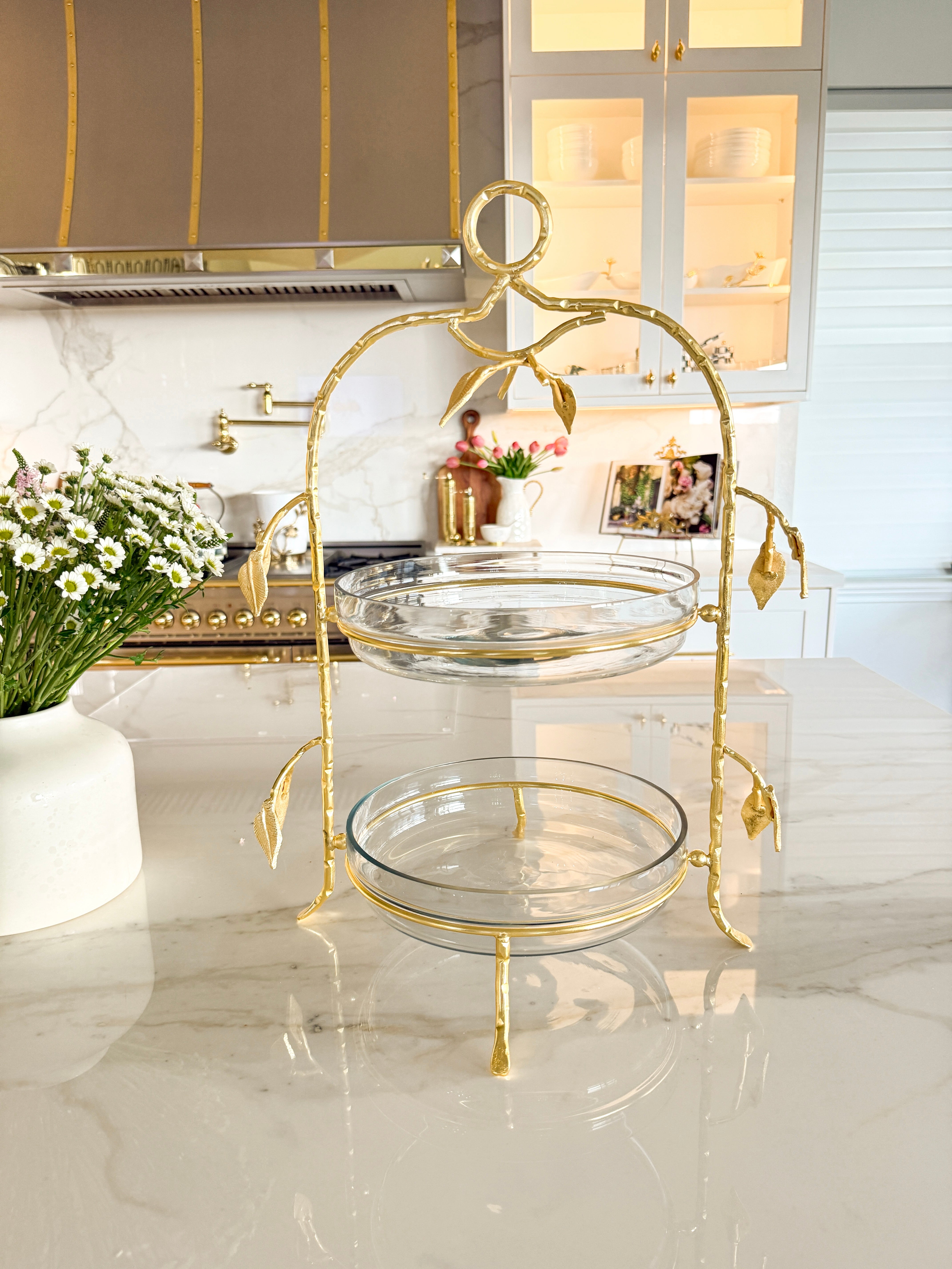 Gold Leaf 2-Tier Glass Stand