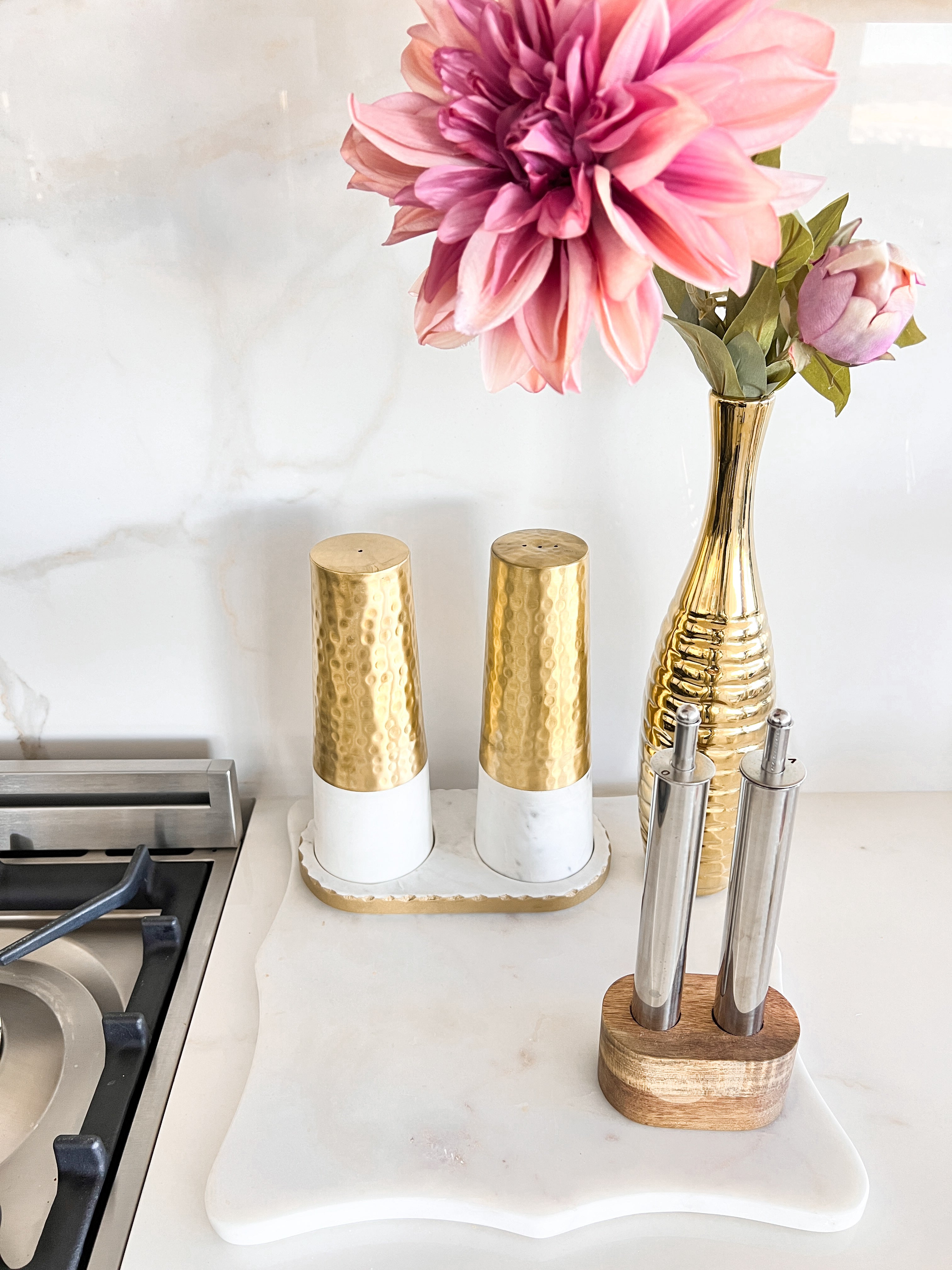 Gold Hammered and Marble Salt and Pepper Shaker Set