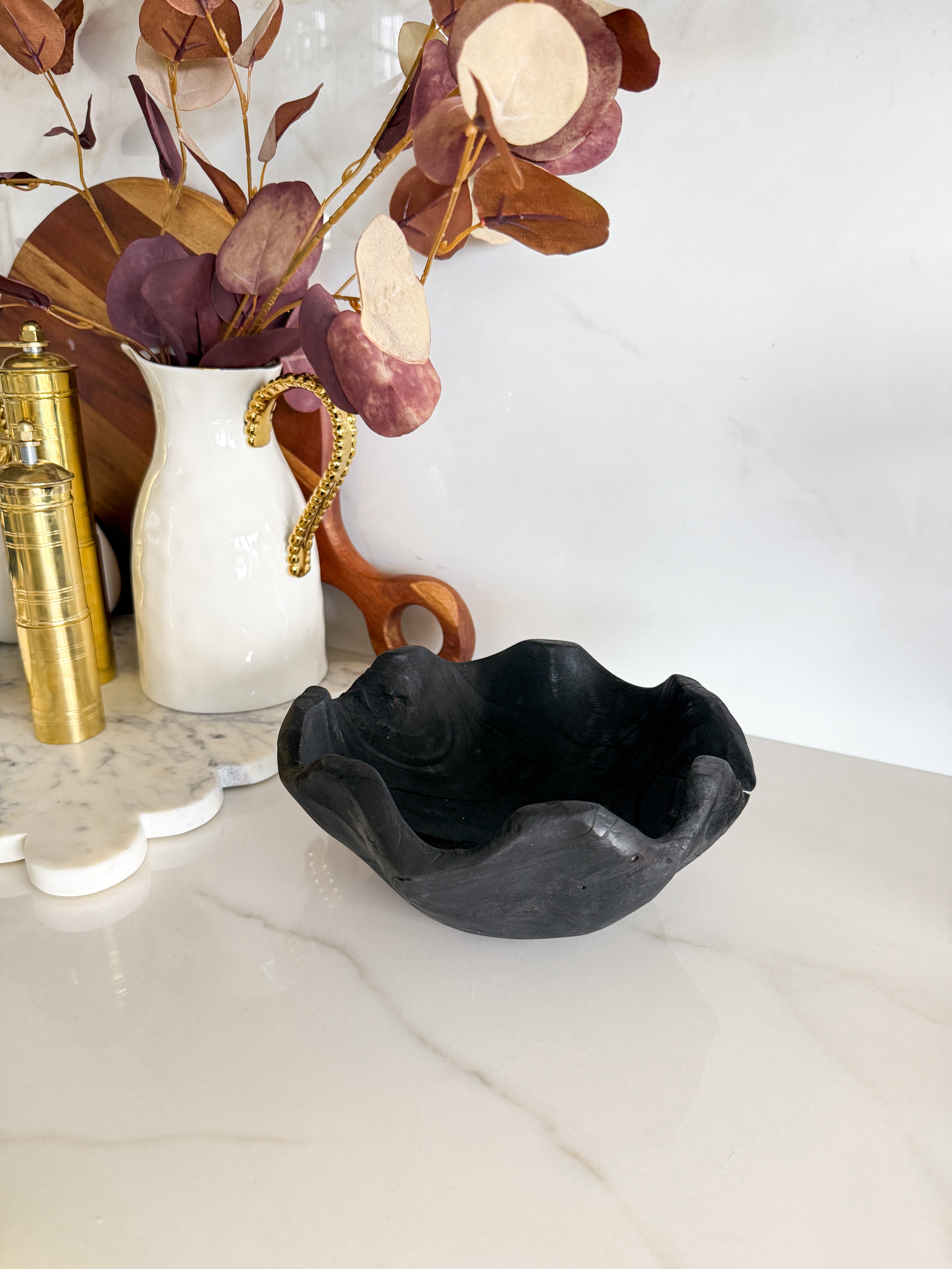 Black Teak Wood Scalloped Decorative Bowl