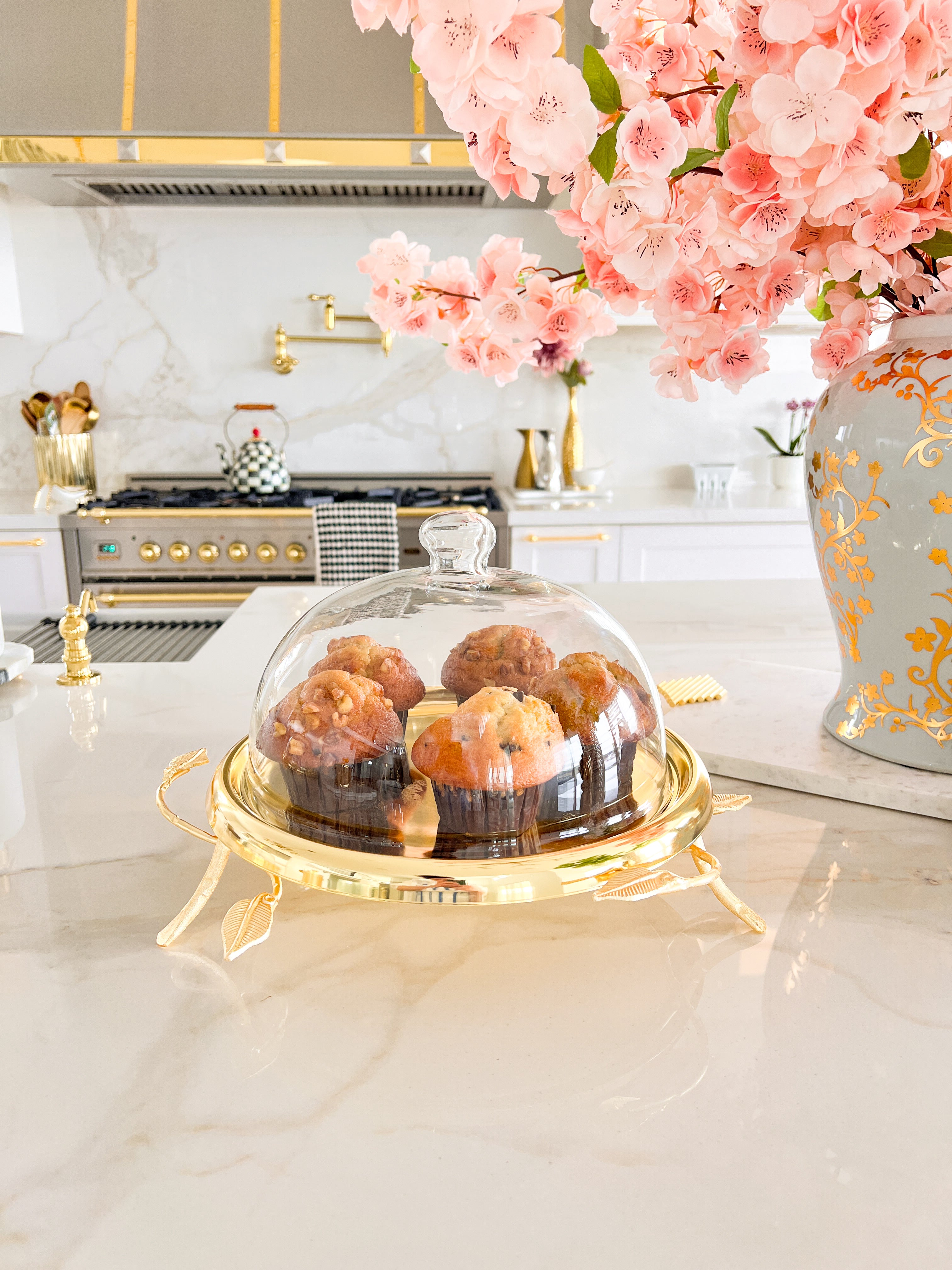 Gold Leaf Cake Stand with Glass Dome
