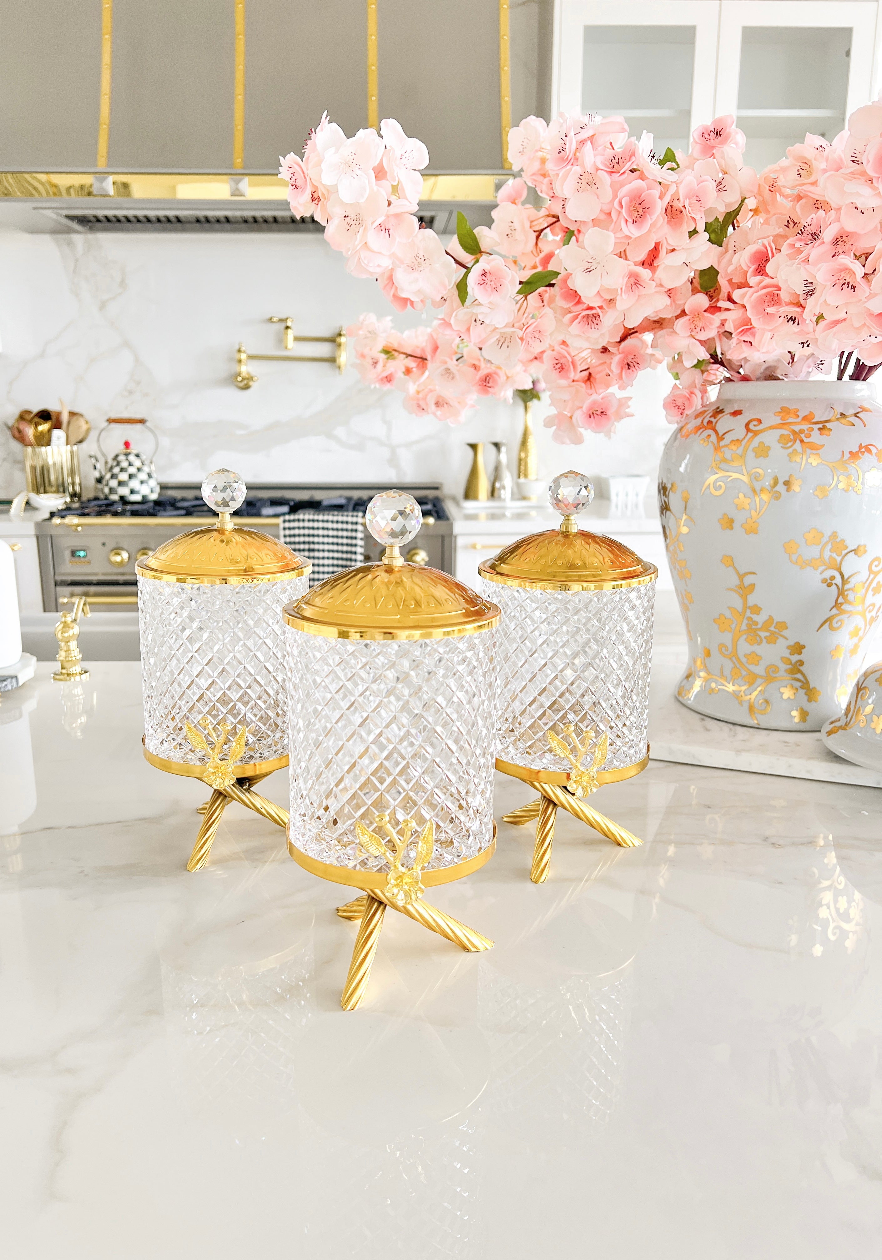 Gold Glass Canister with Crystal Knob (Set of 3)