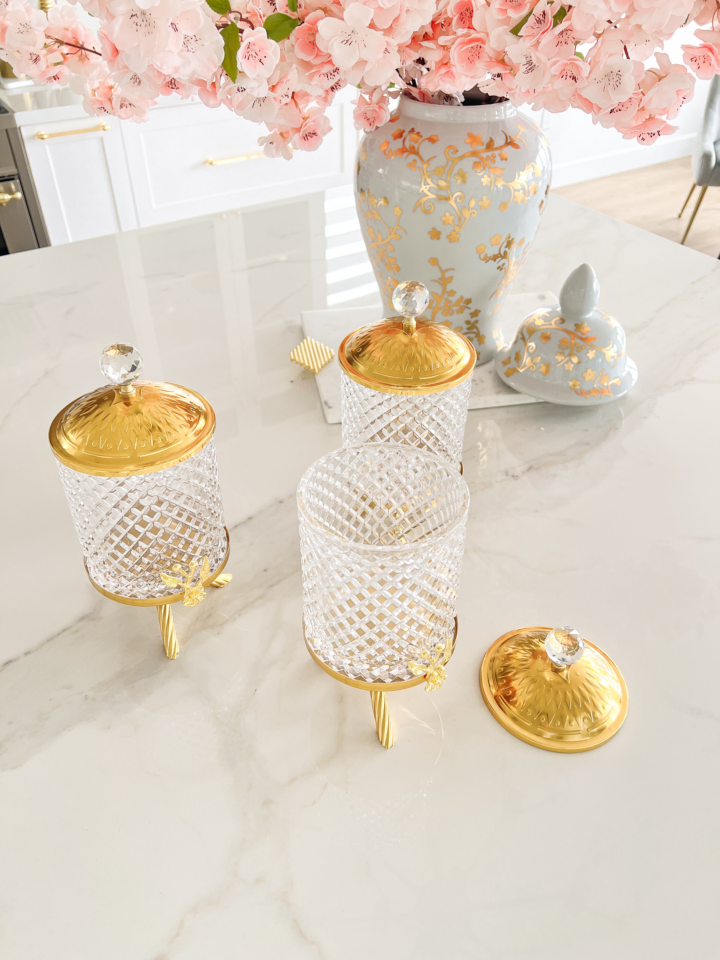 Gold Glass Canister with Crystal Knob (Set of 3)
