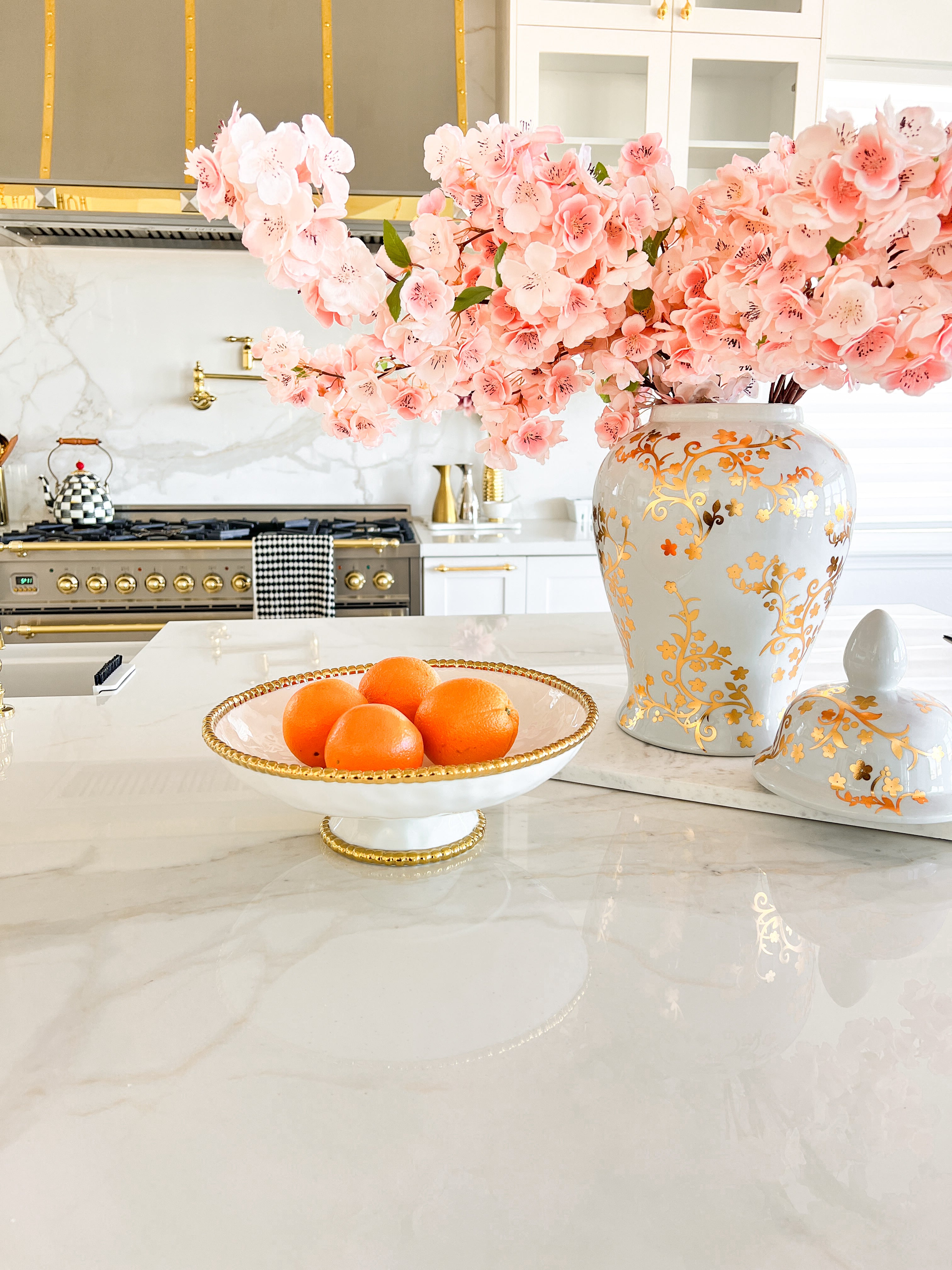 White with Gold Beaded Fruit Footed Bowl