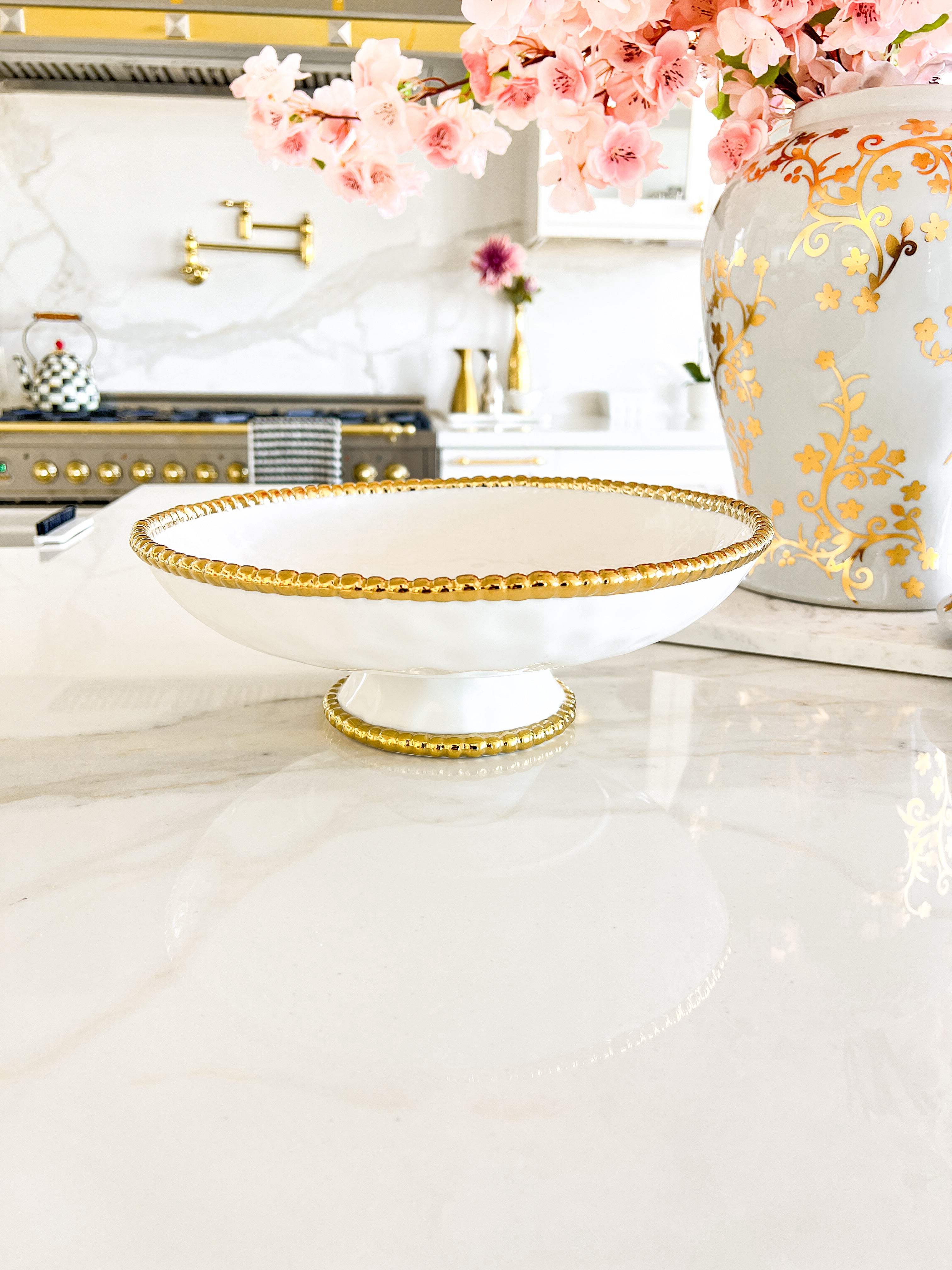 White with Gold Beaded Decorative Fruit Footed Bowl
